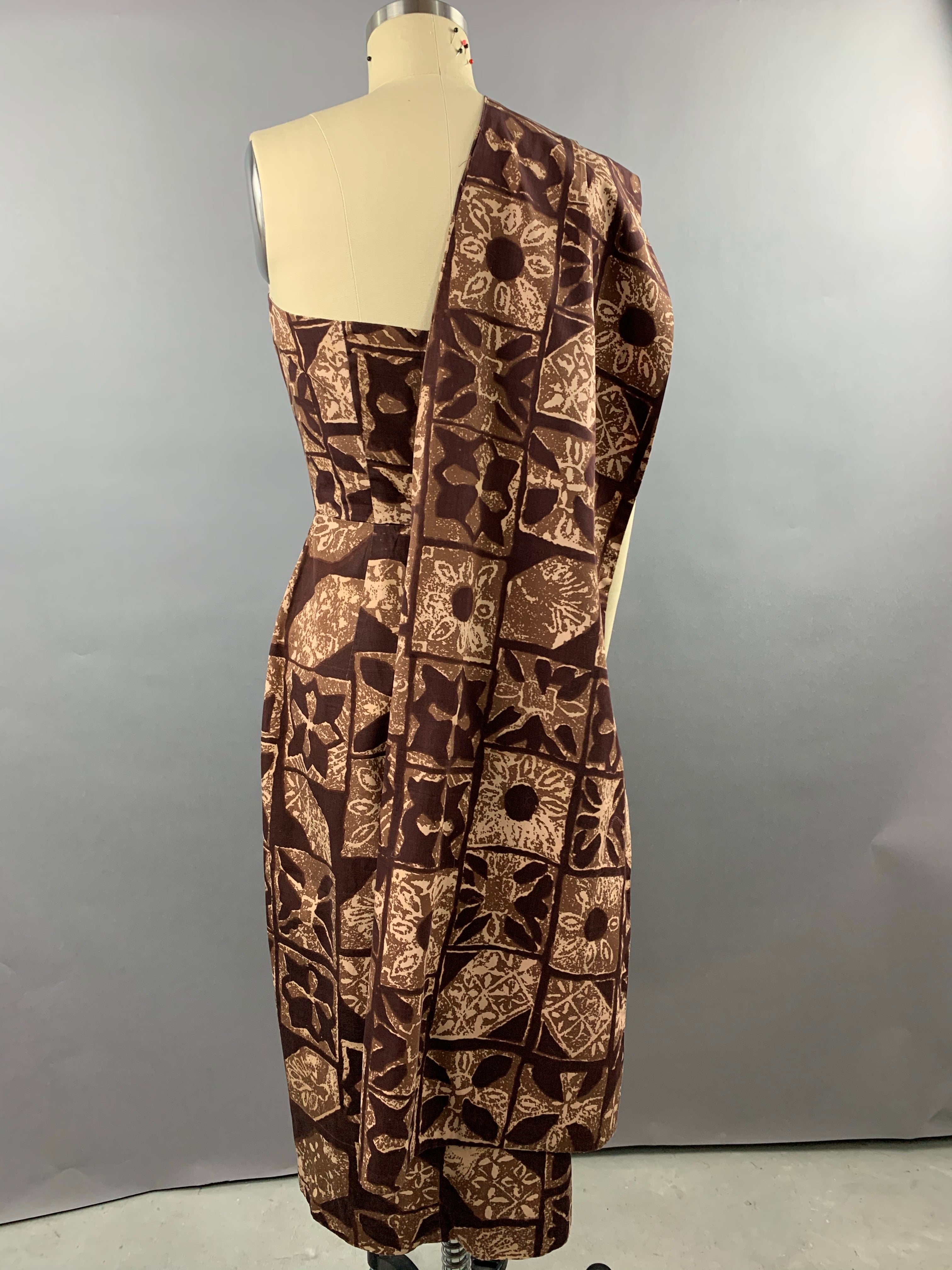 1950s Alfred Shaheen Cotton Tapa Dress and Waterfall Shawl Size XS