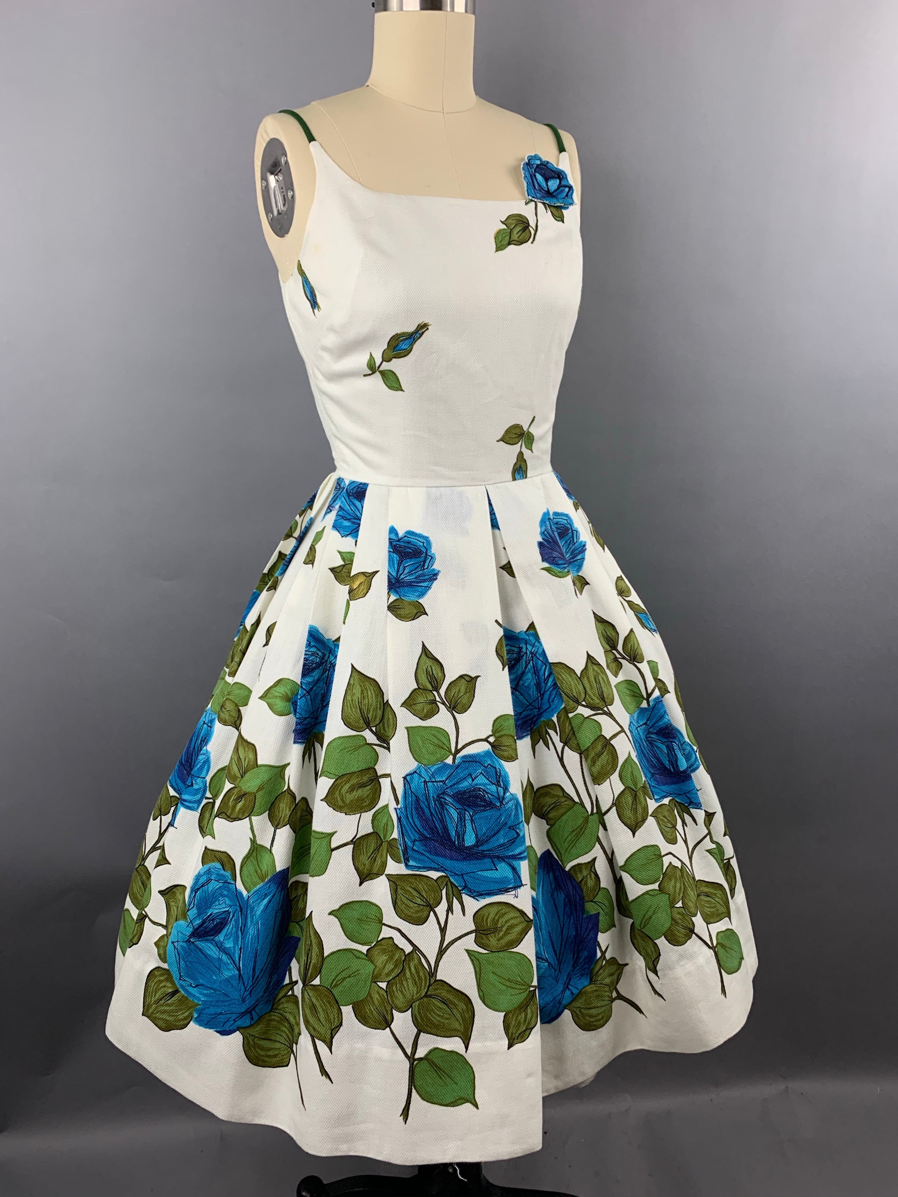 1950s “Co Jr” Blue Roses Fruit of the Loom Border Print Cotton Pique Dress Size XS