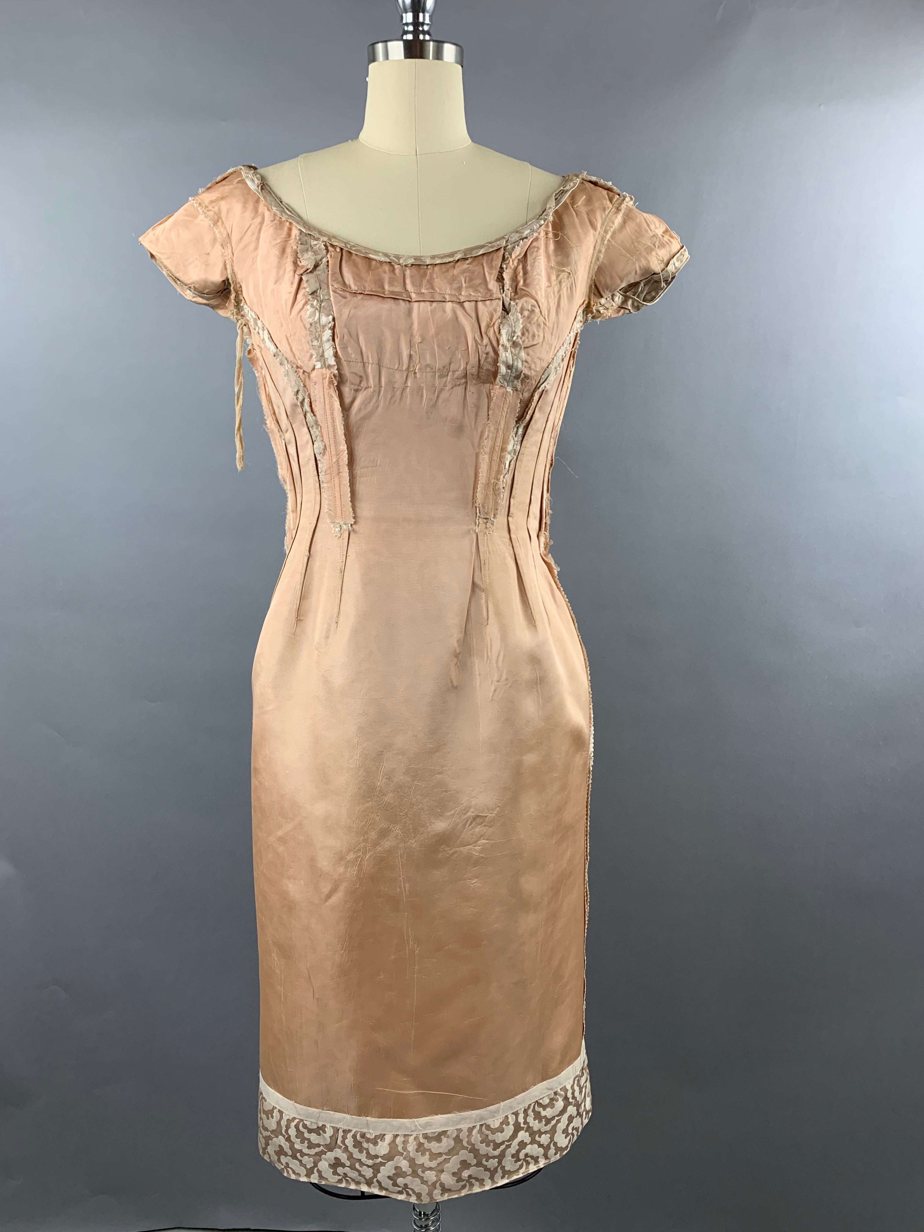 1950s Ceil Chapman beige gold silk-cotton wiggle dress Size S