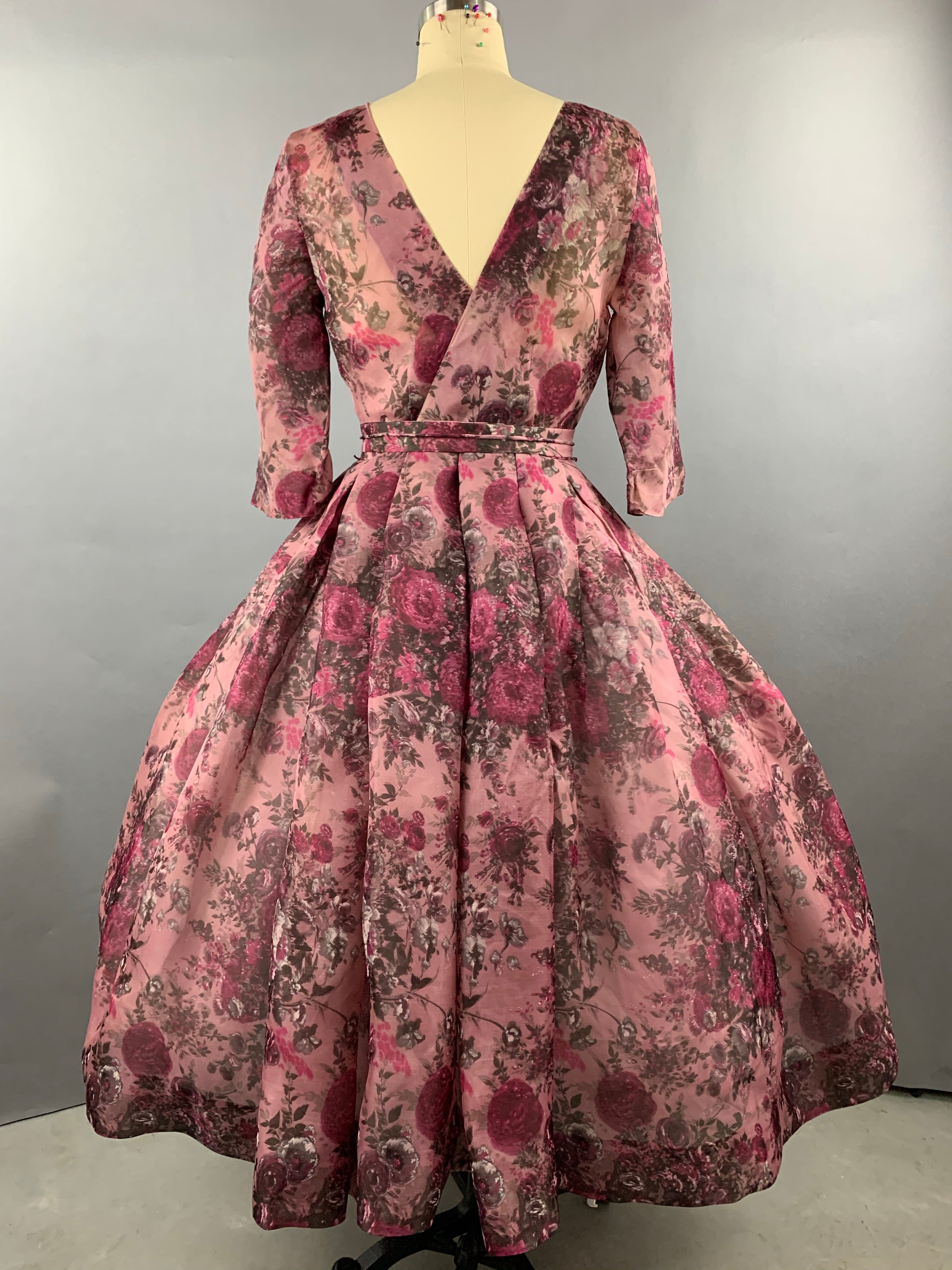 1950s Pink Roses Silk dress by Talmack John Moore New York Size M