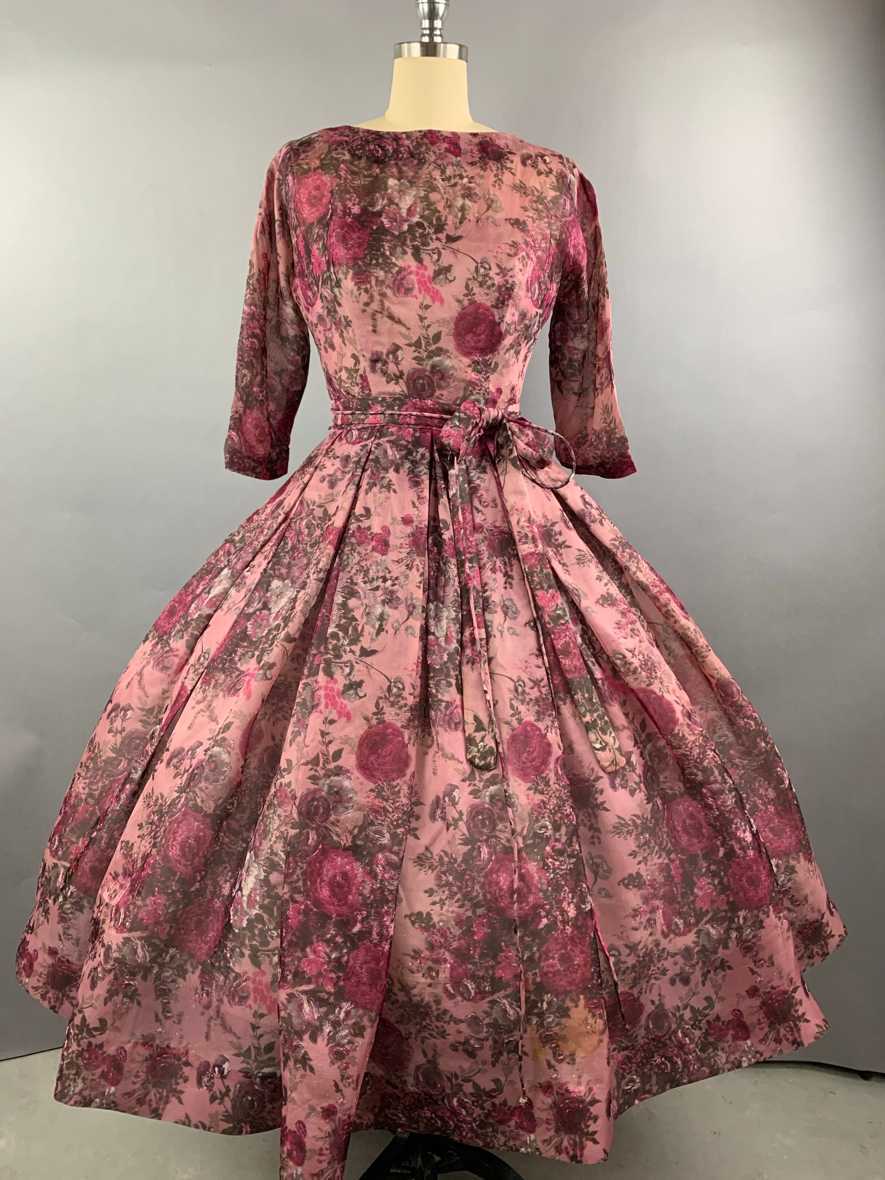 1950s Pink Roses Silk dress by Talmack John Moore New York Size M