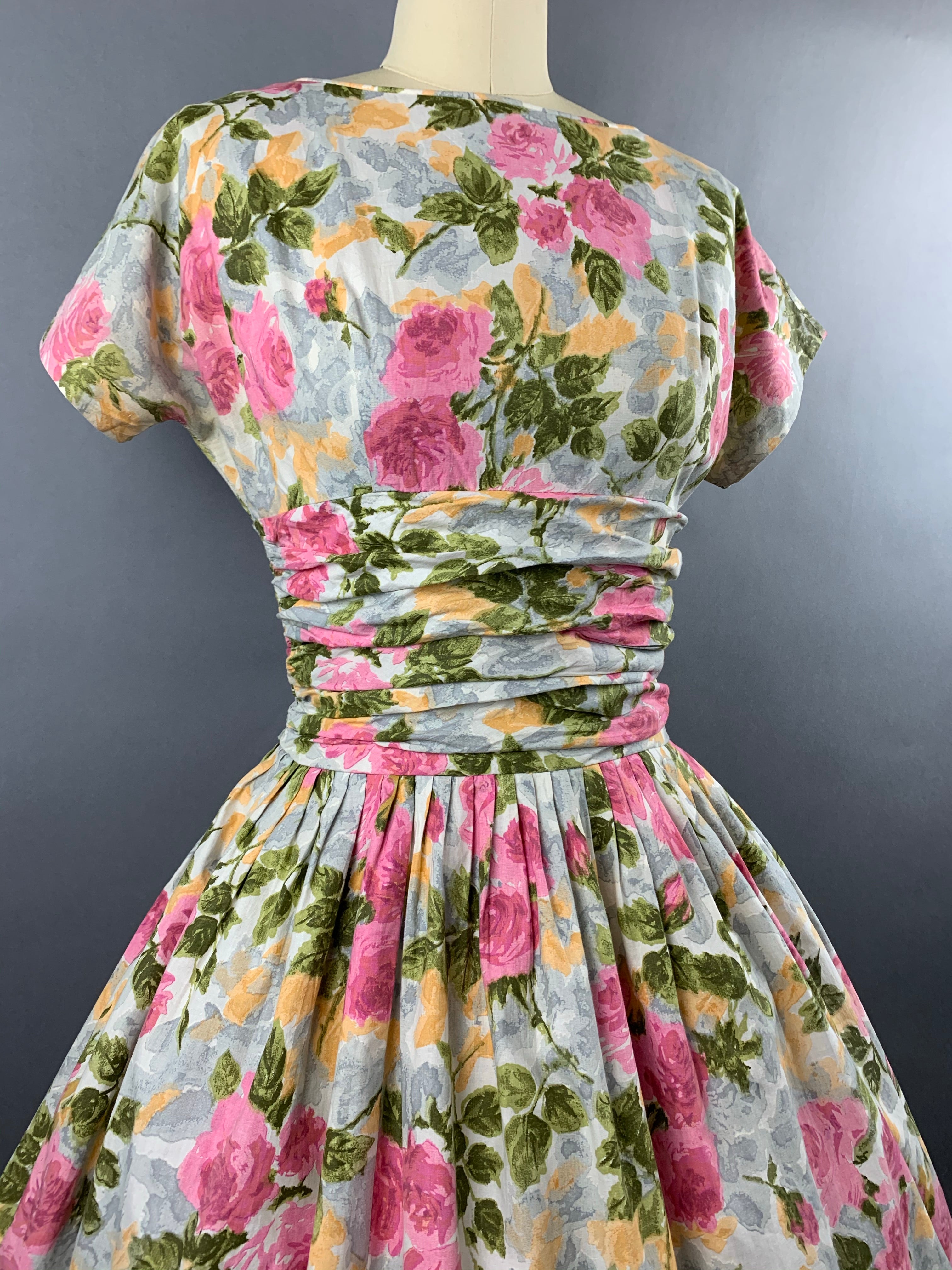 1950s Pink Roses Cotton Floral Dress Size M