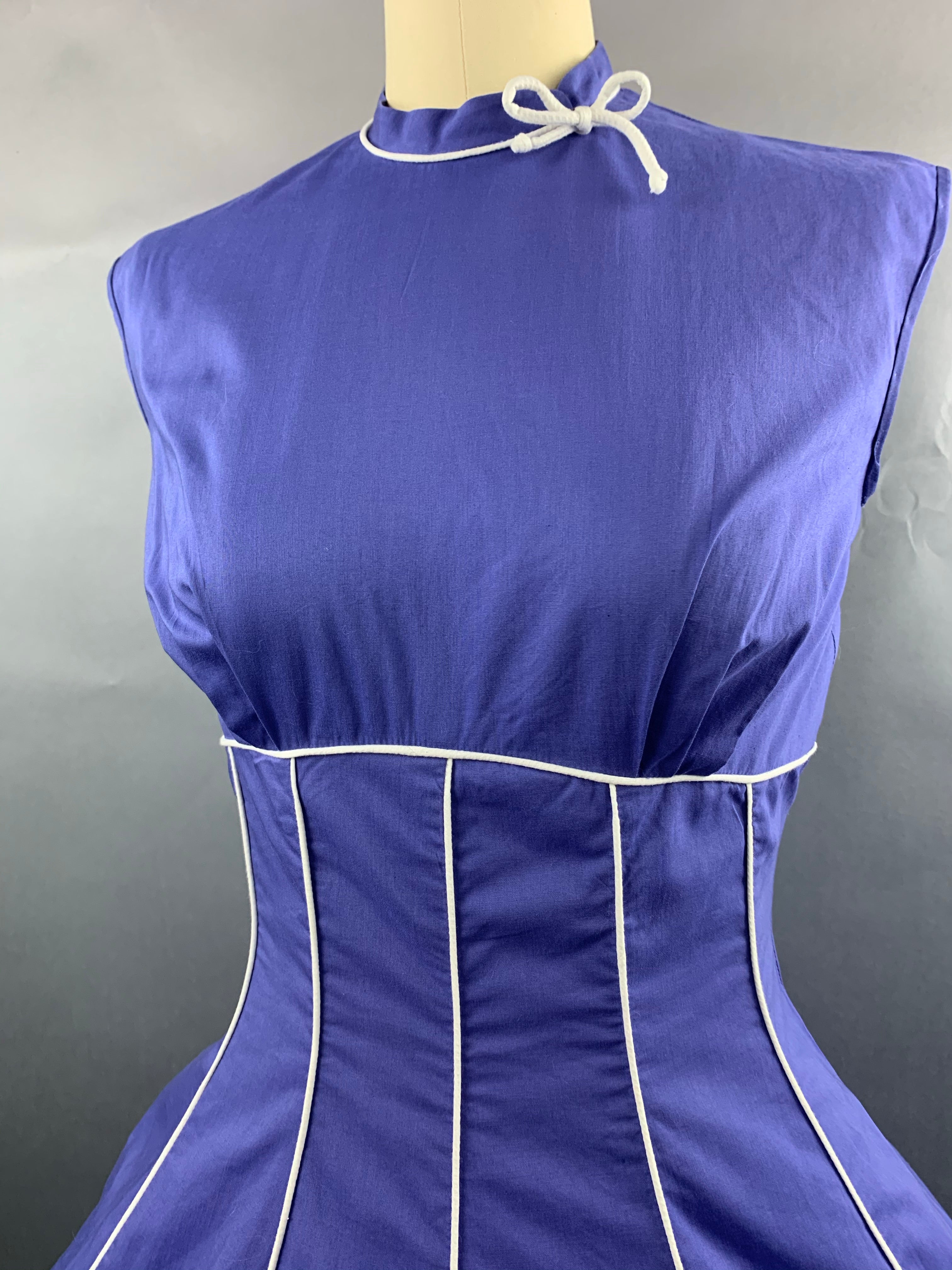 1950s Indigo Violet Blue Cotton Dress with White Piping Size S