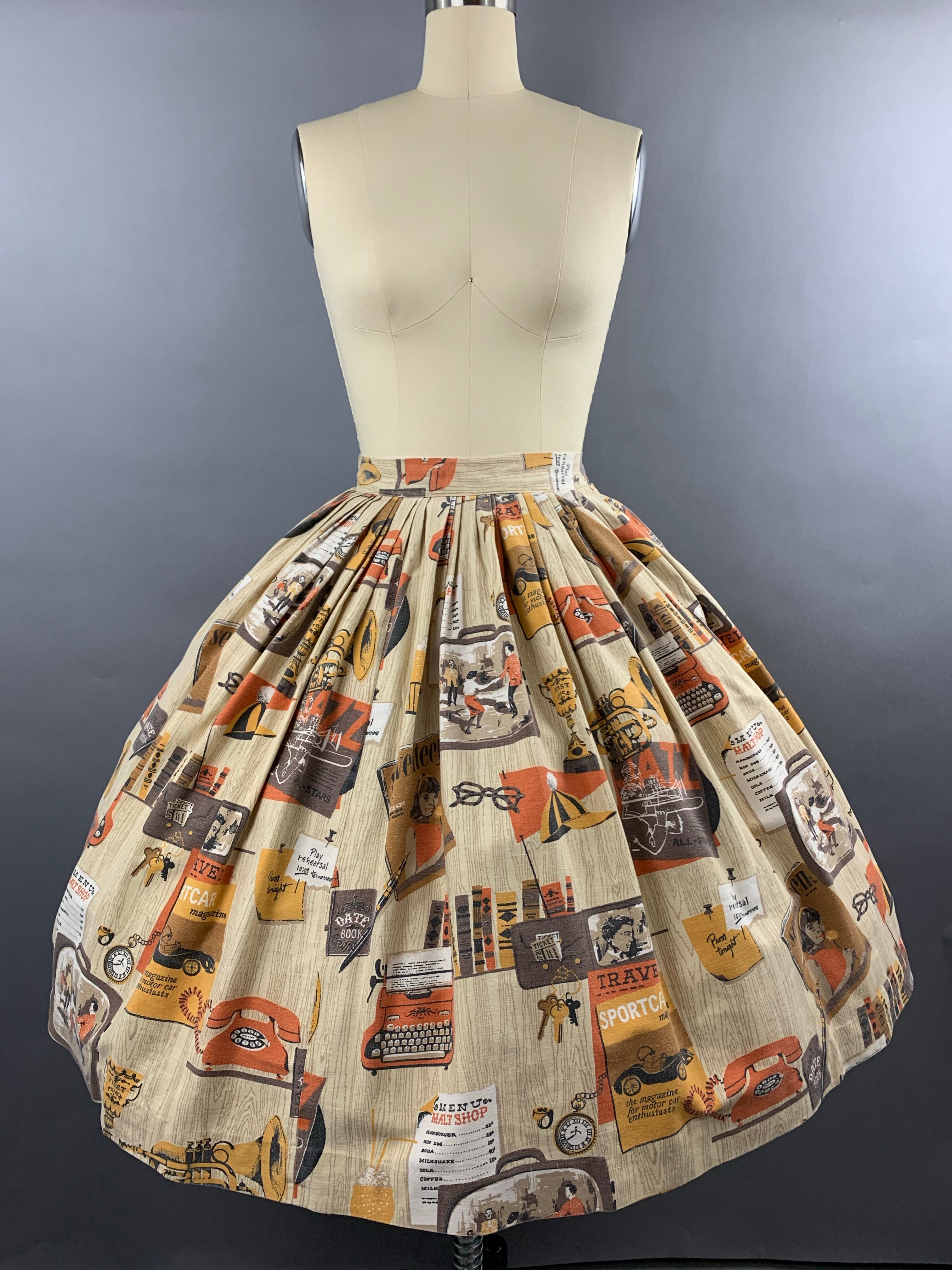 1960s Malt Shop Novelty Print Skirt Size S