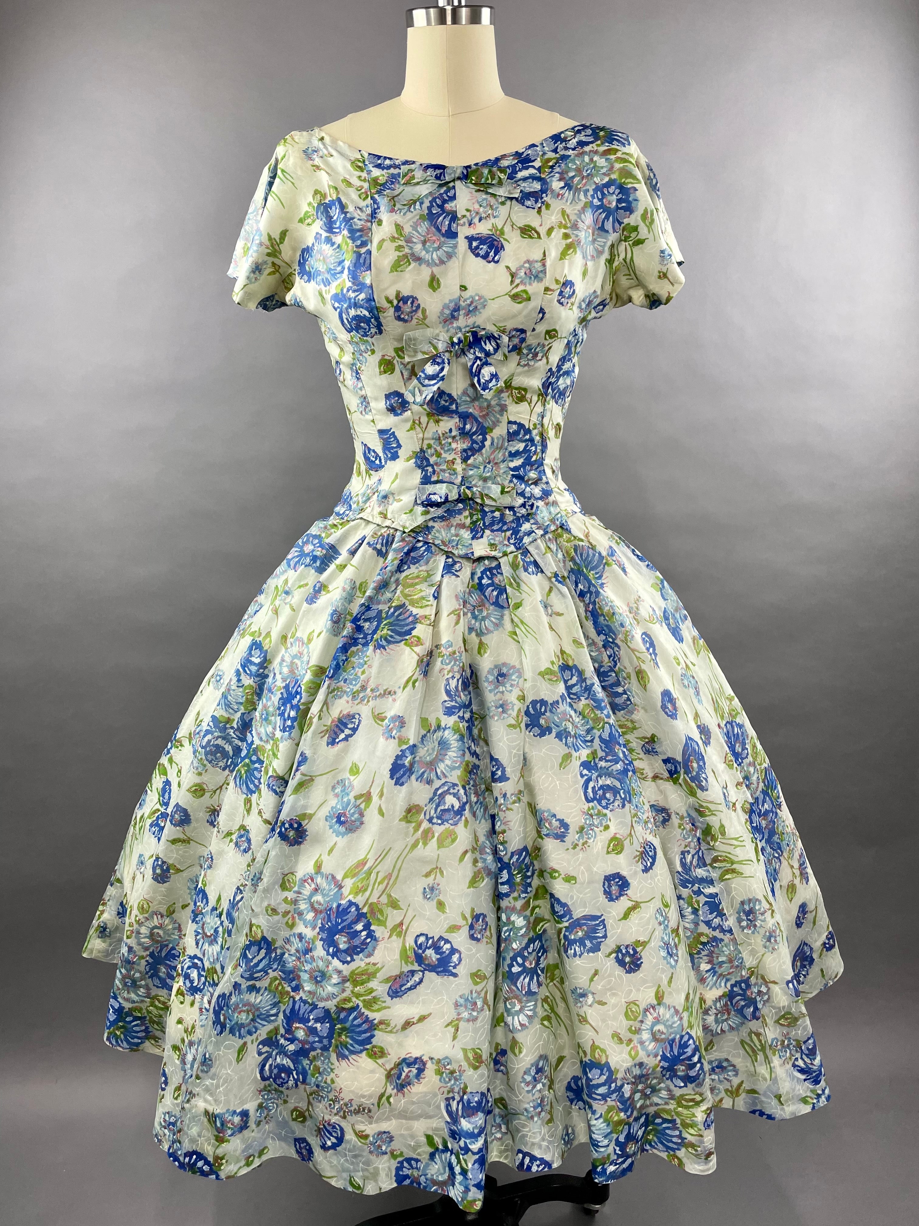 1950s Gigi Young Blue Floral Party Dress Size M