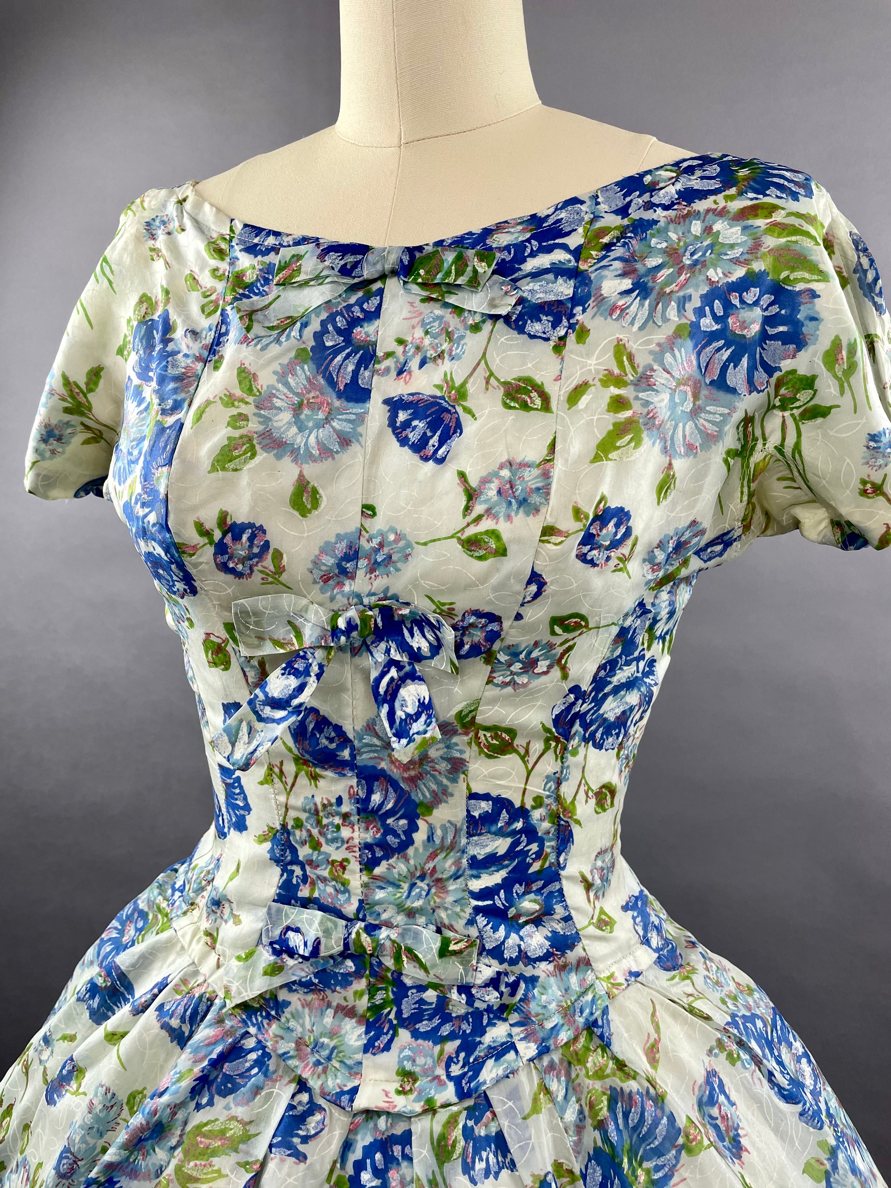 1950s Gigi Young Blue Floral Party Dress Size M