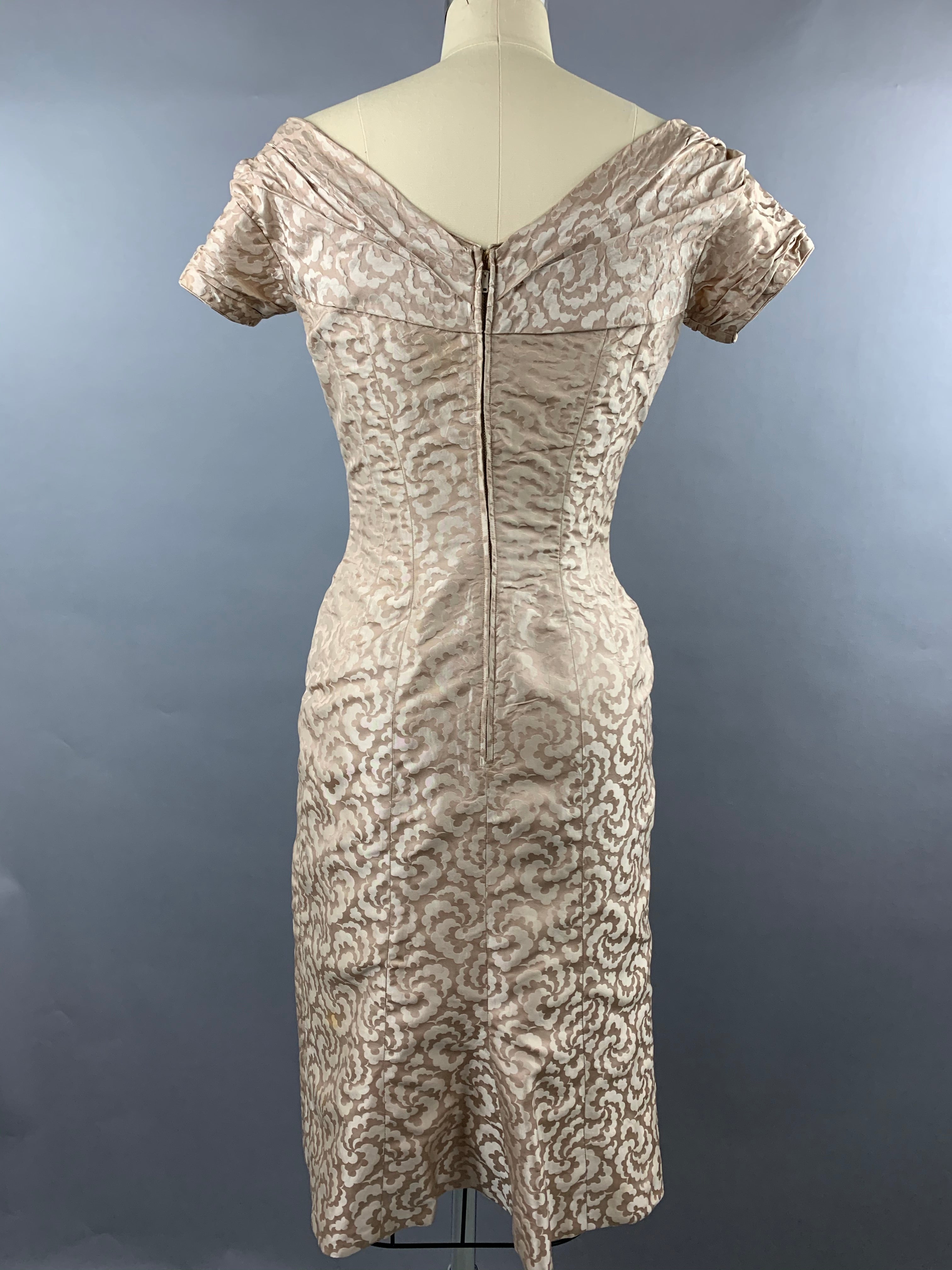 1950s Ceil Chapman beige gold silk-cotton wiggle dress Size S