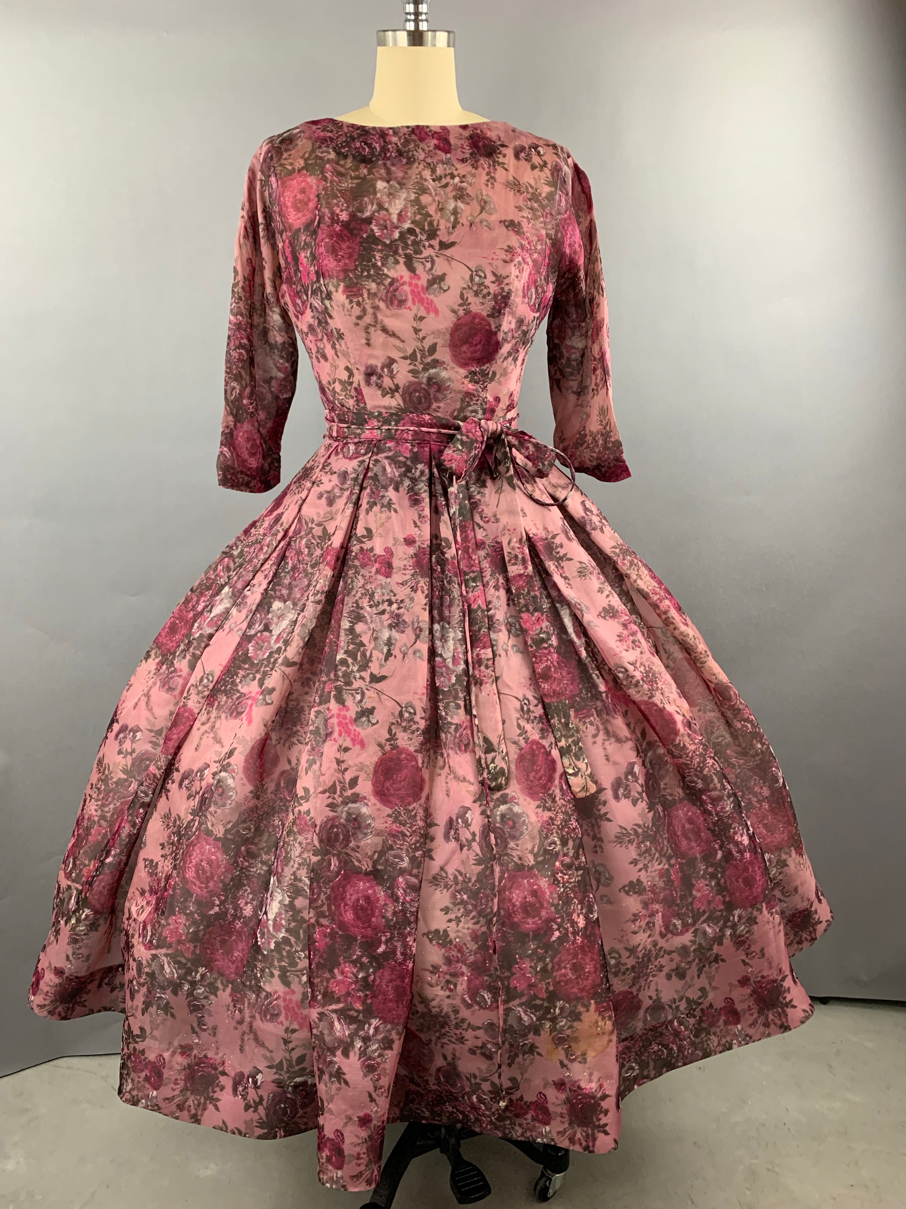 1950s Pink Roses Silk dress by Talmack John Moore New York Size M