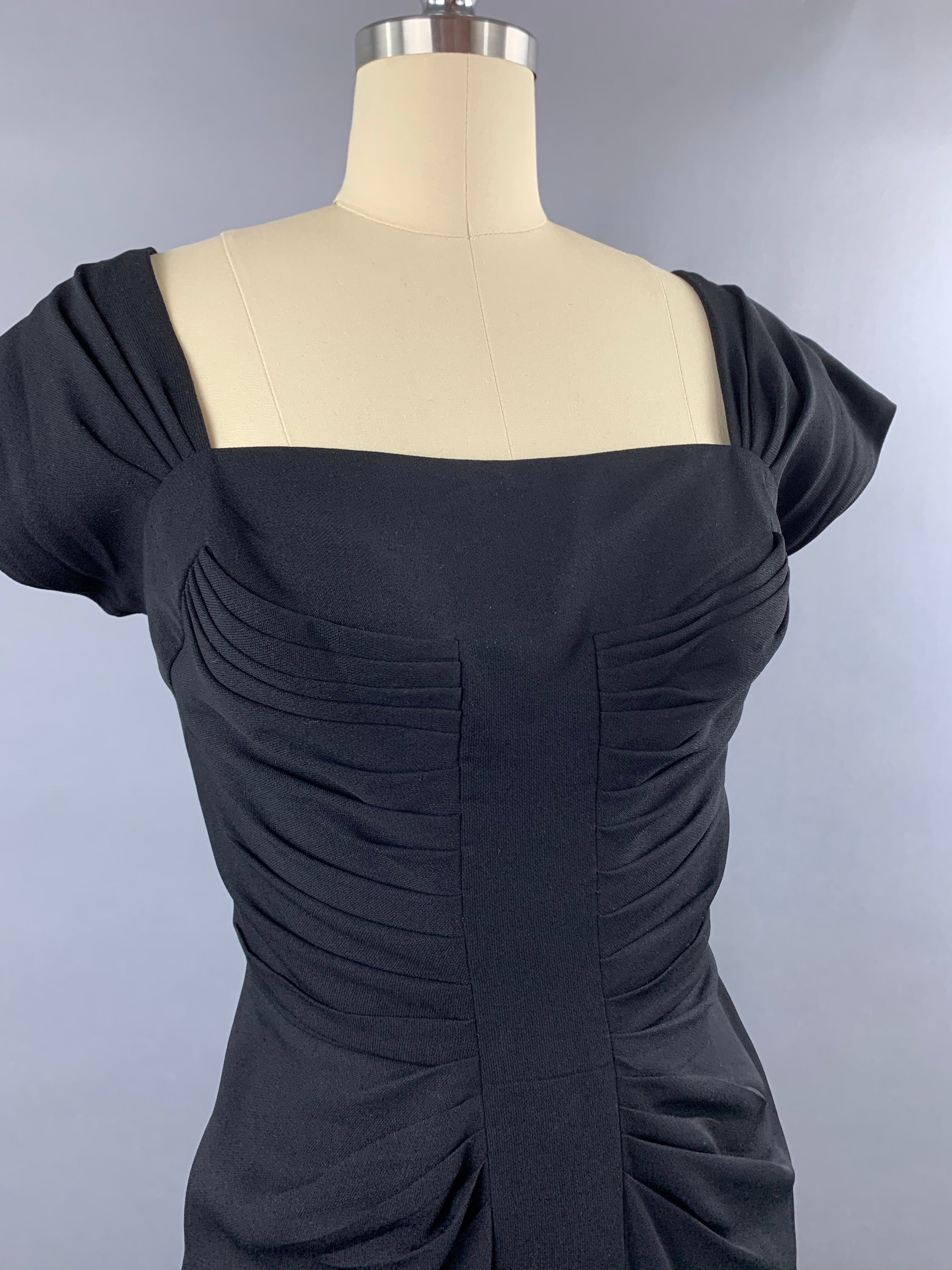 Late 1940s Black Crepe Dorothy O’Hara Cocktail Dress Size M