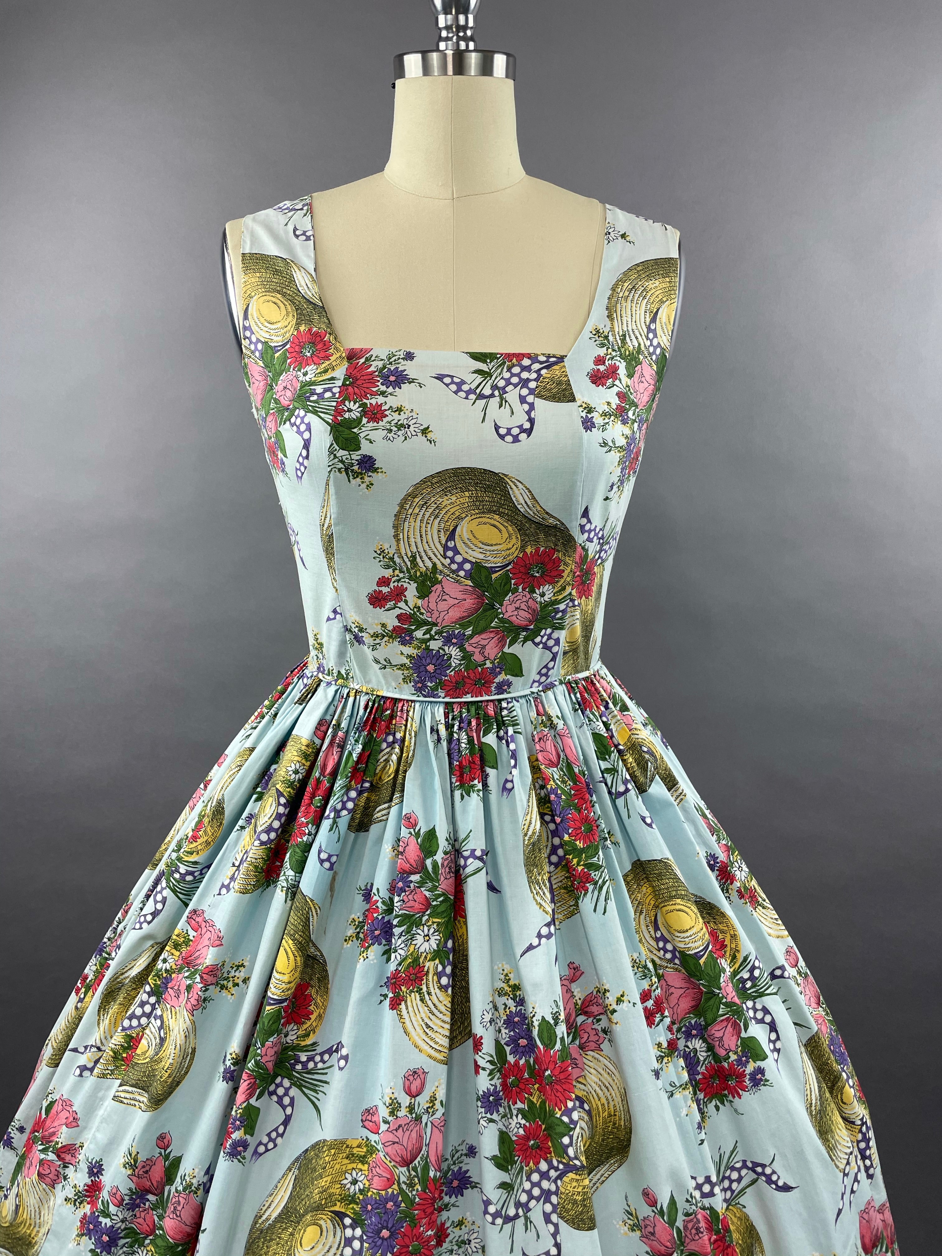 1950s Hats Novelty Print Cotton Dress Size M