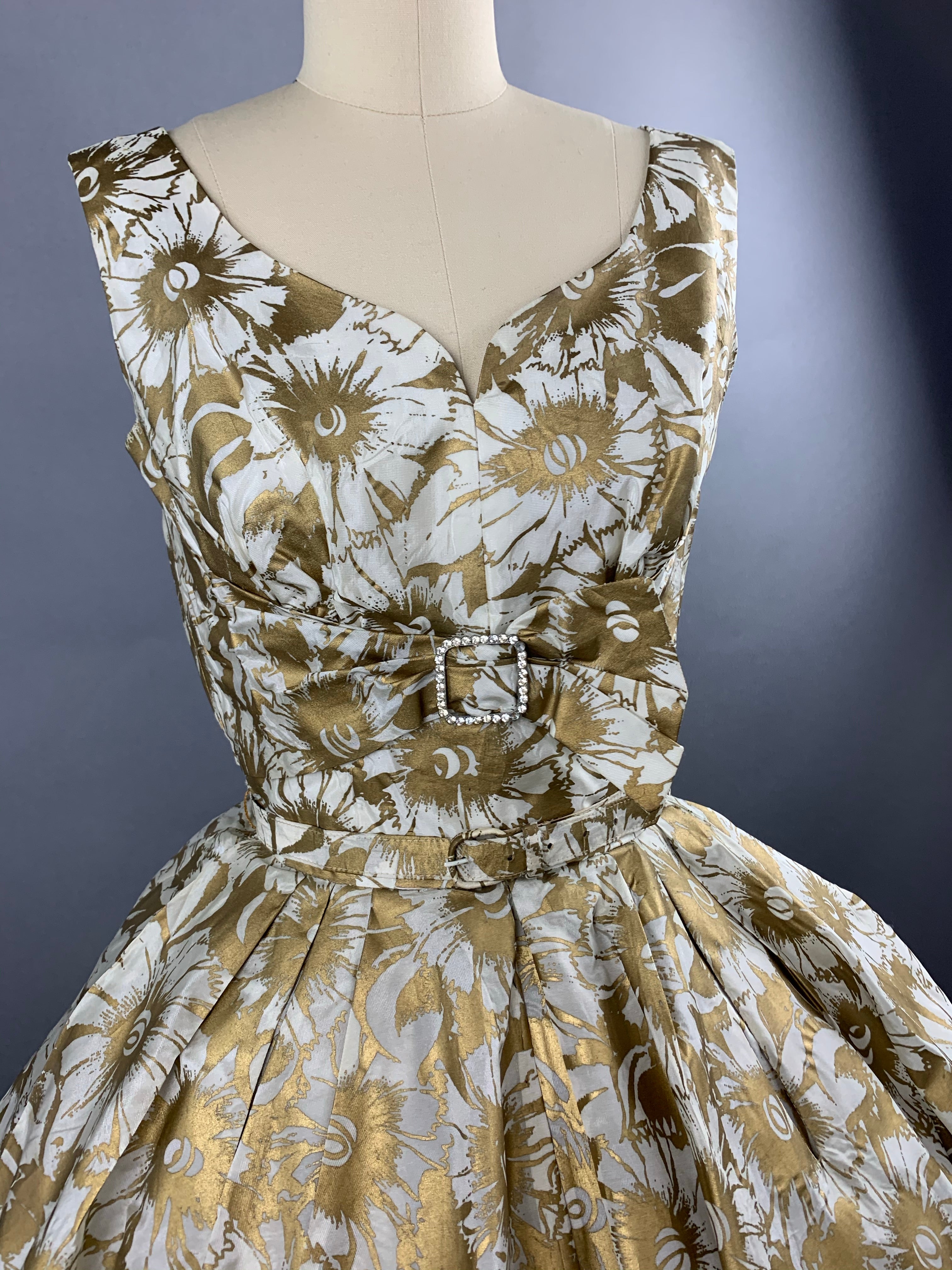 1950s Gold Floral Party Dress Size XS