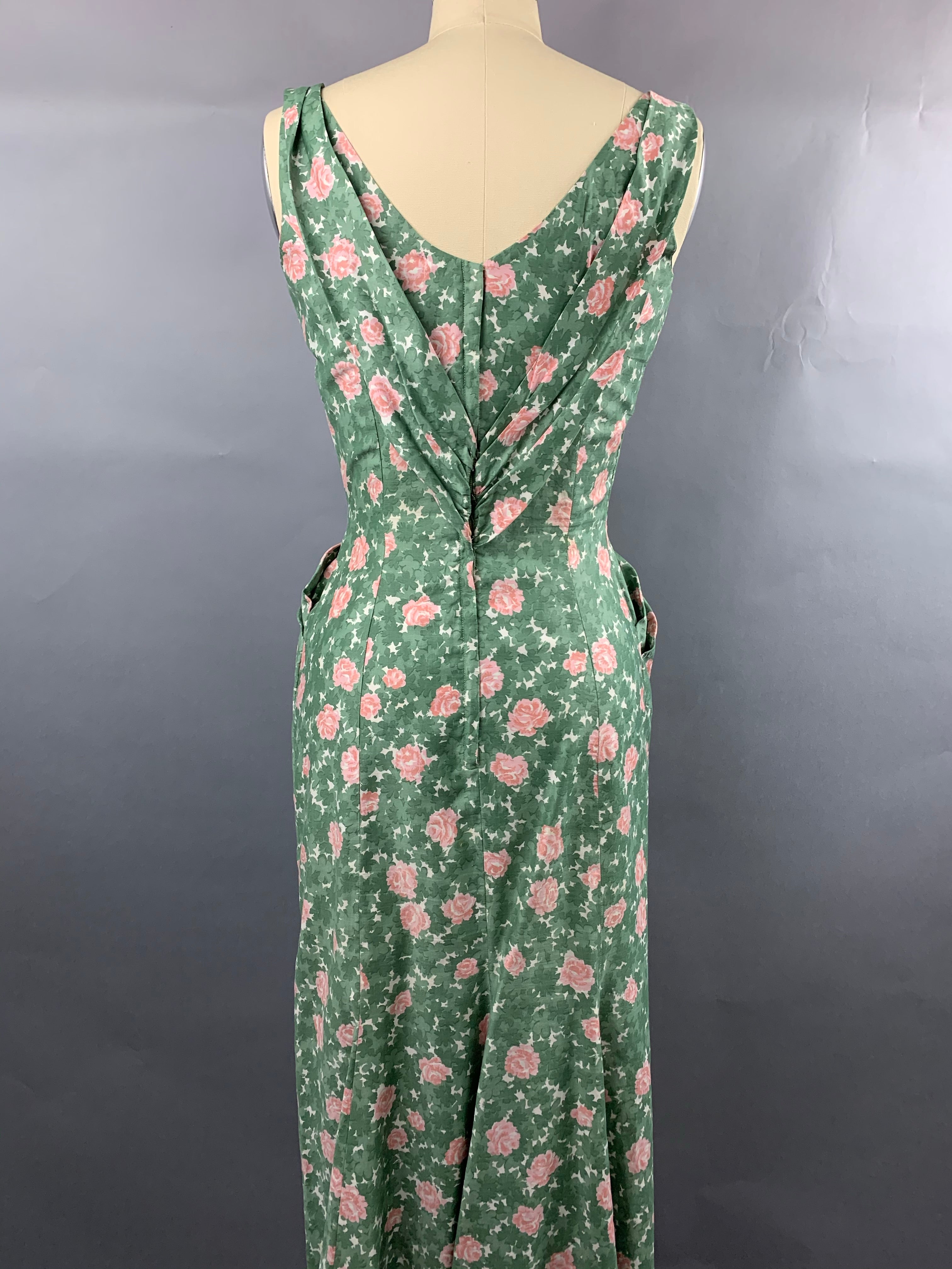 1950s Jeanette Alexander Green Cotton with Pink Roses Dress Size S