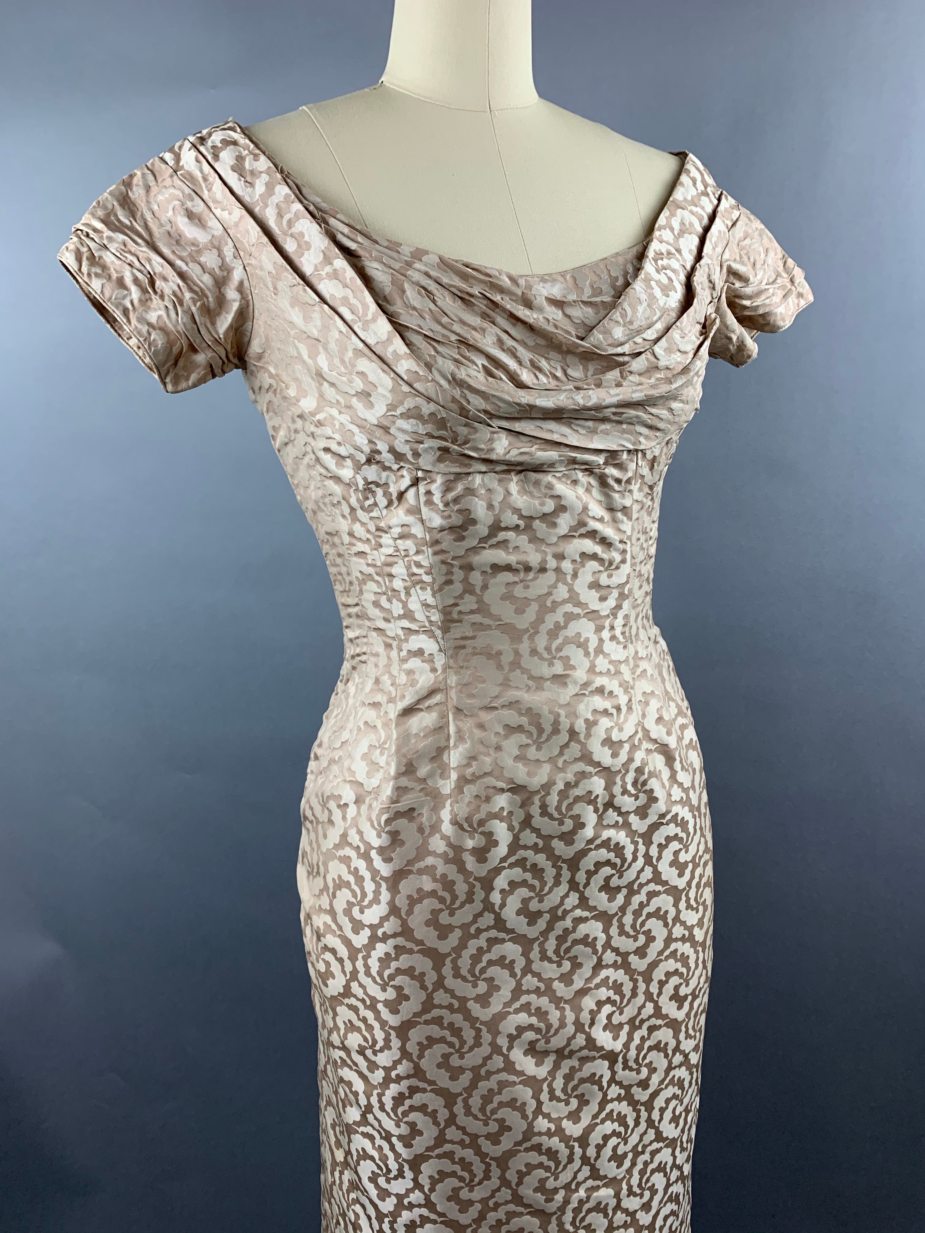 1950s Ceil Chapman beige gold silk-cotton wiggle dress Size S