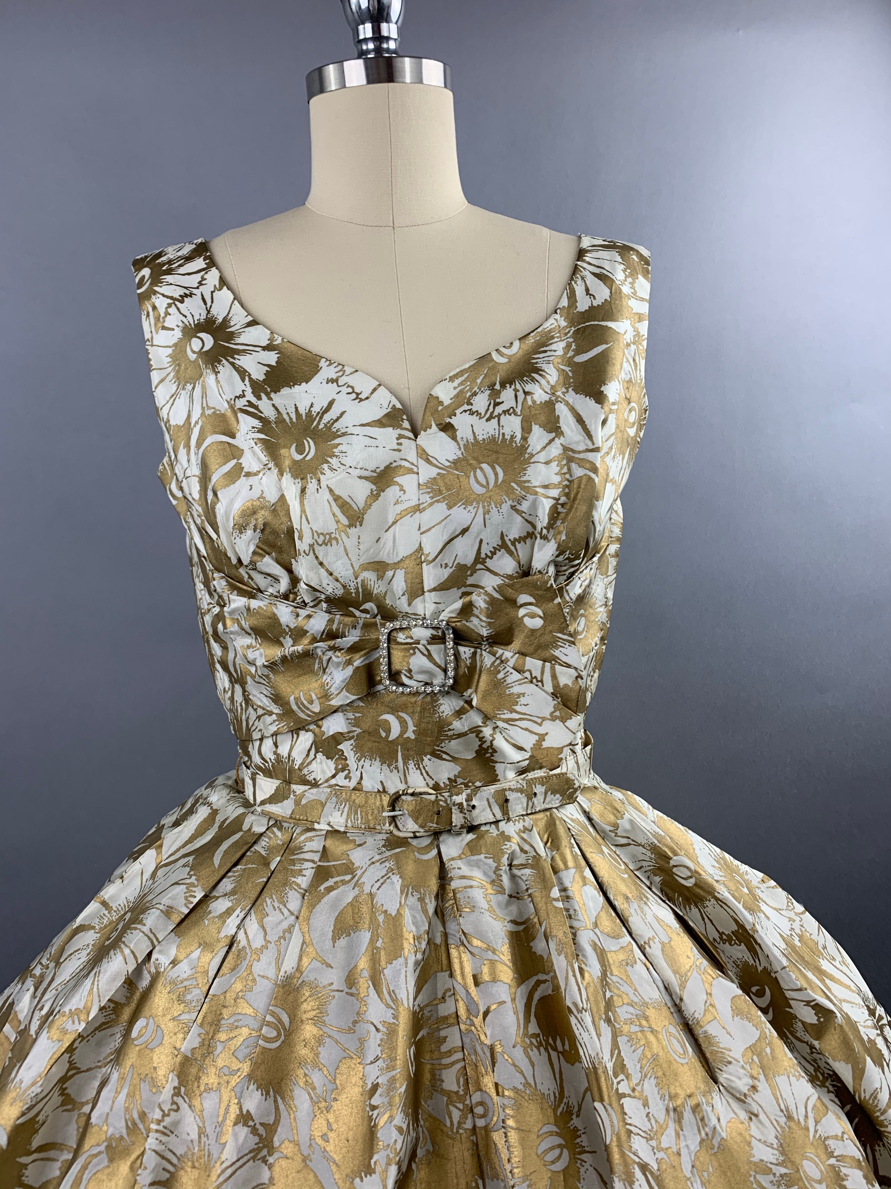 1950s Gold Floral Party Dress Size XS