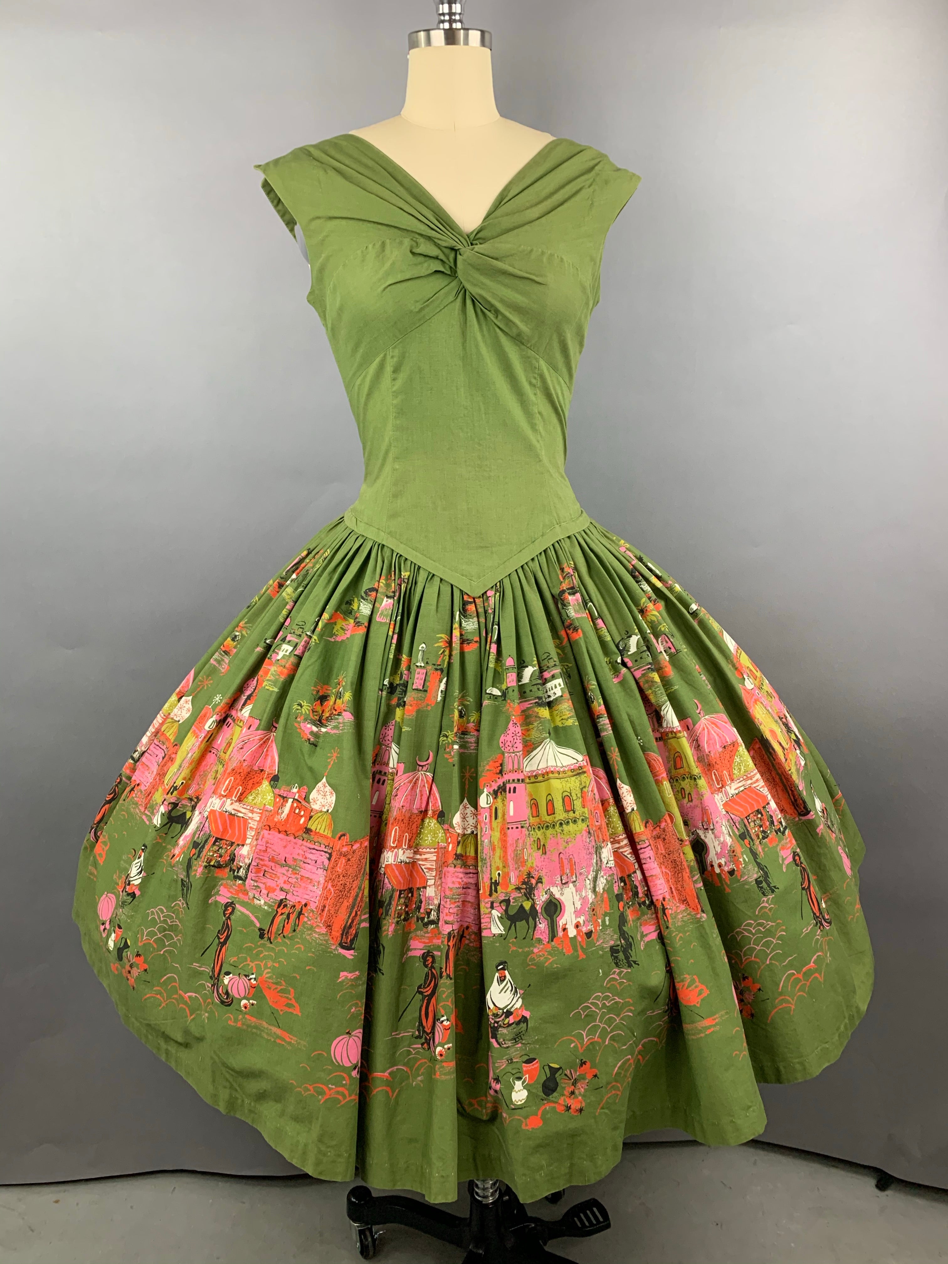 1950s Green Casbah Cotton Dress Size M