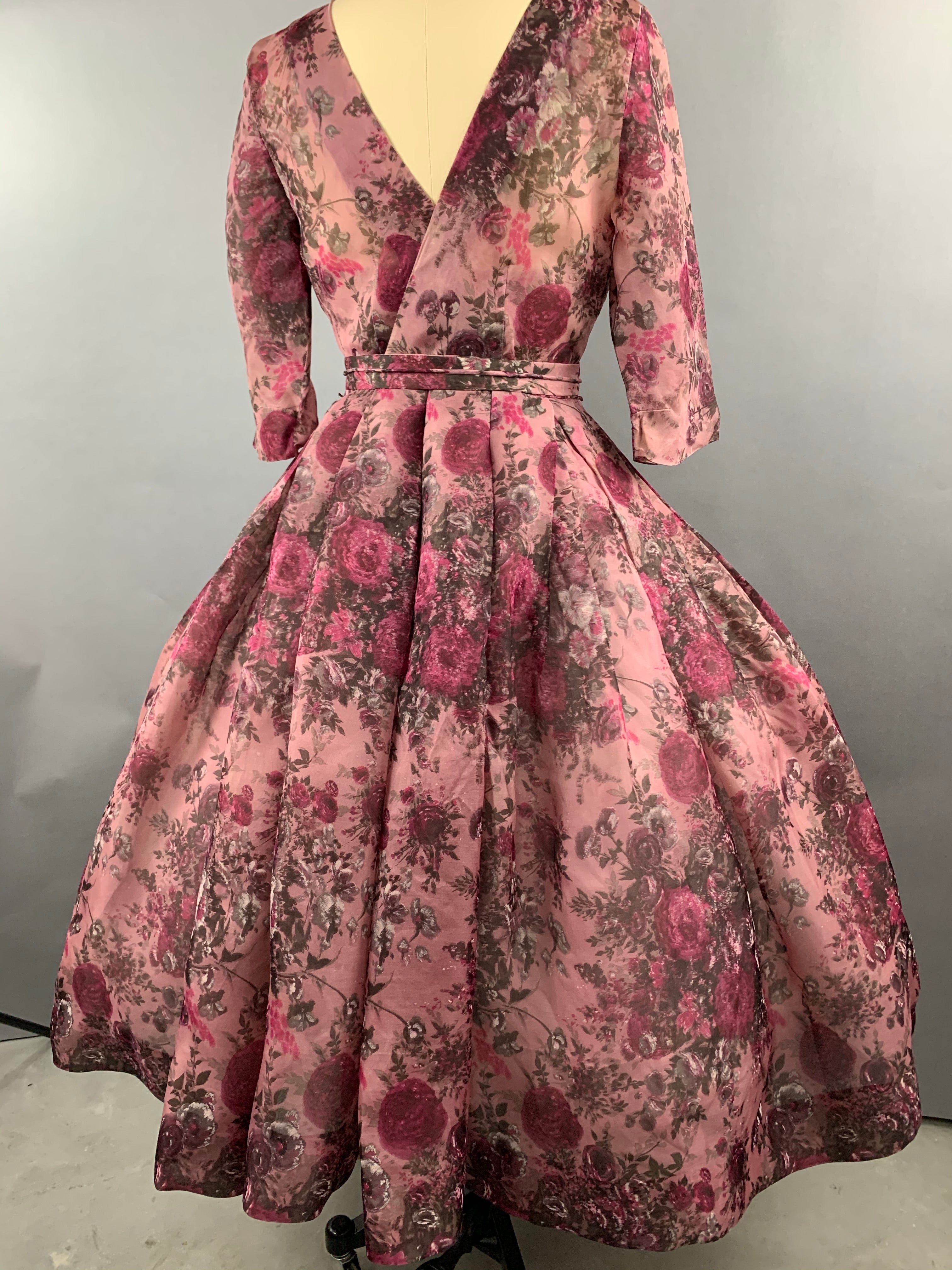 1950s Pink Roses Silk dress by Talmack John Moore New York Size M