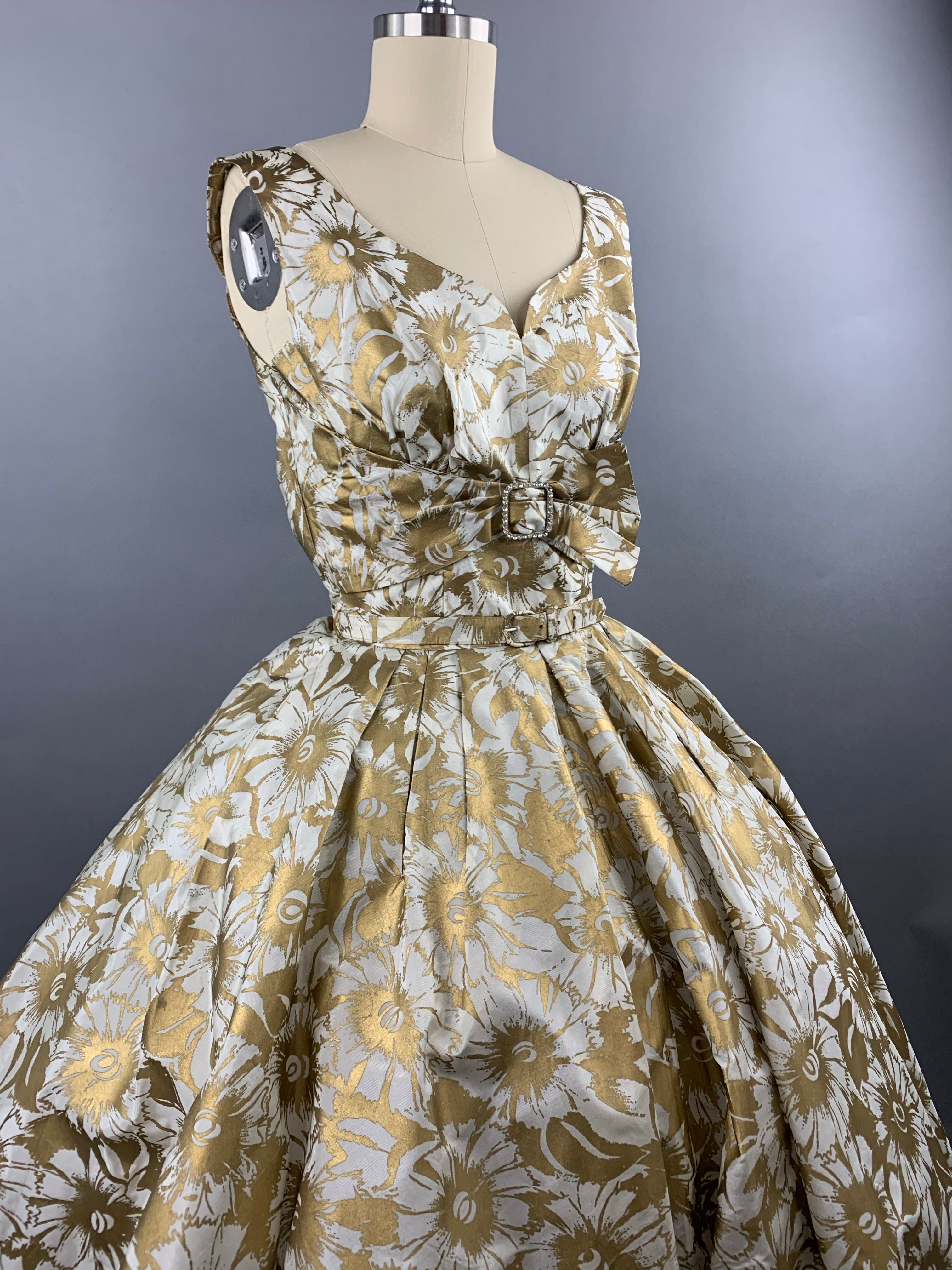 1950s Gold Floral Party Dress Size XS