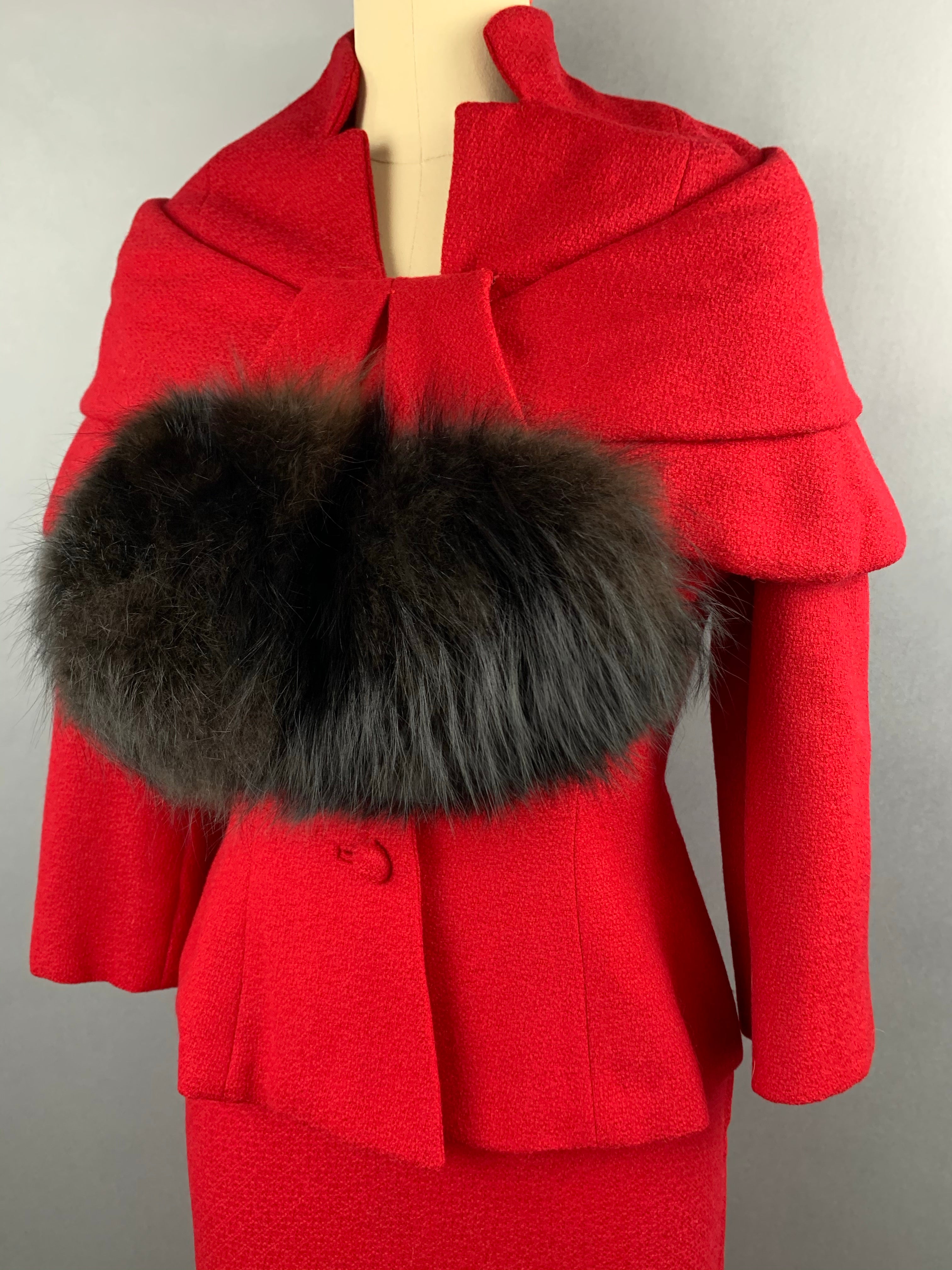 1950s Lilli Ann Red Wool Suit with Black Fox Collar Size S