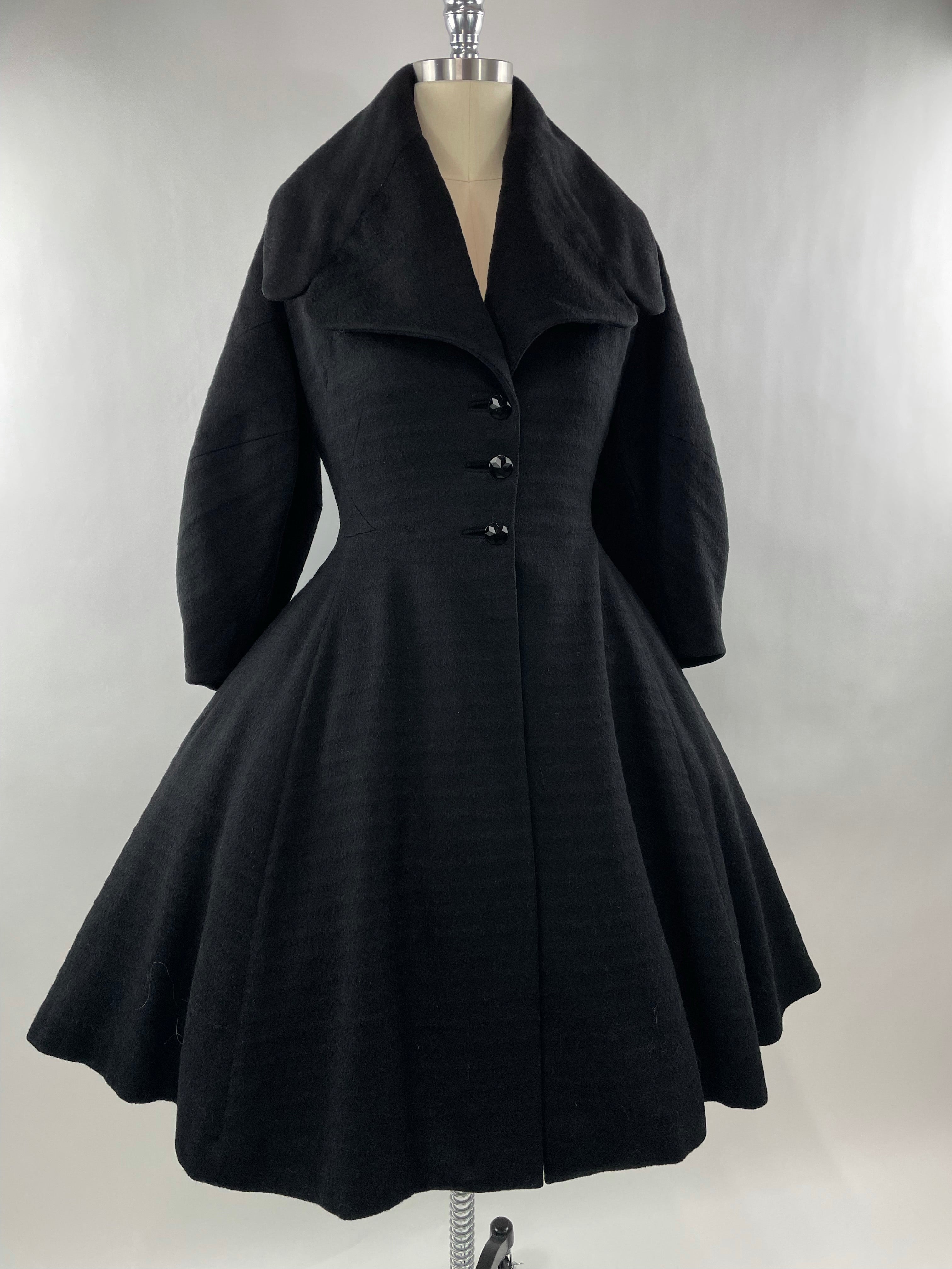 1950s Black Wool Lilli Ann Princess Coat with Exaggerated Collar and Sleeves Size L