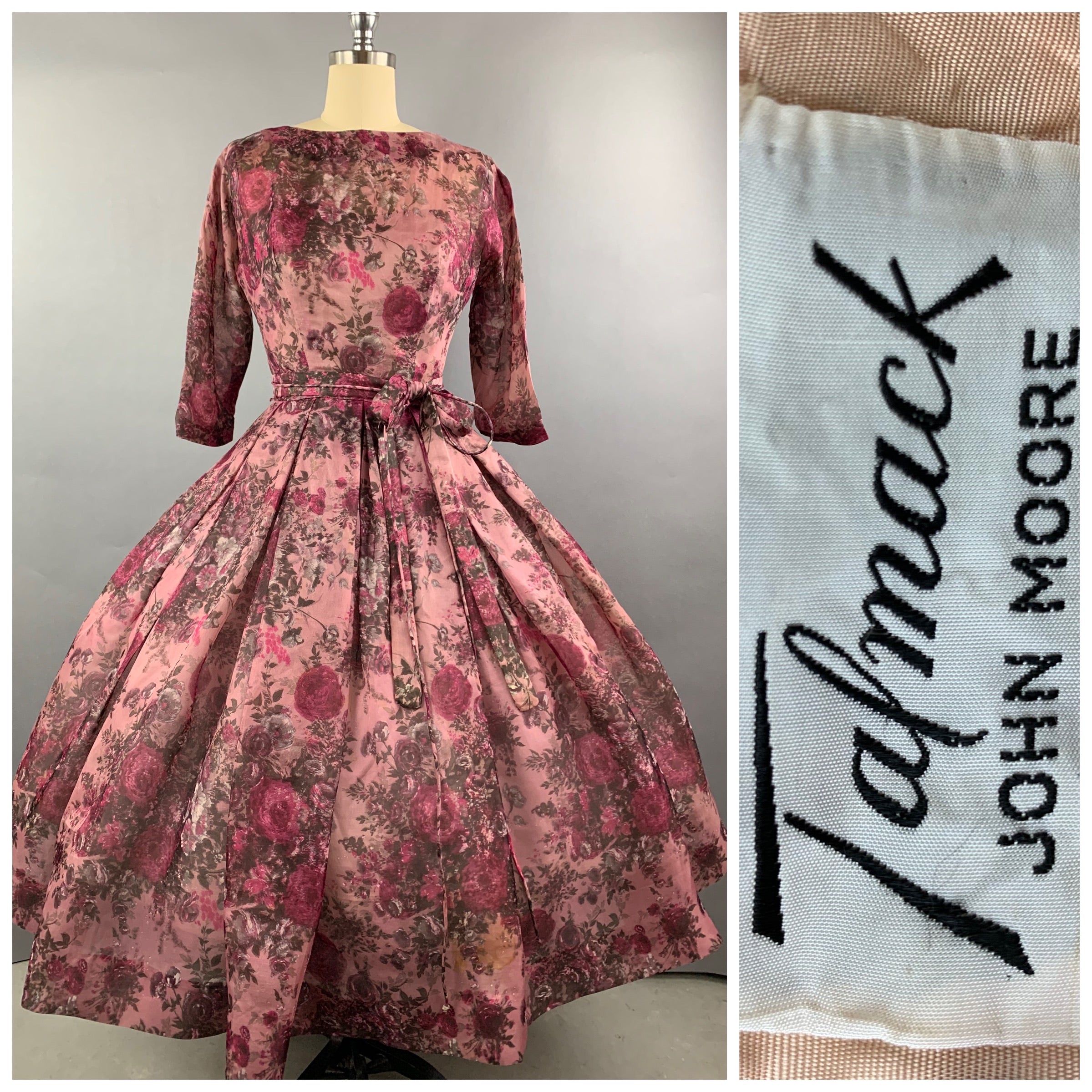 1950s Pink Roses Silk dress by Talmack John Moore New York Size M