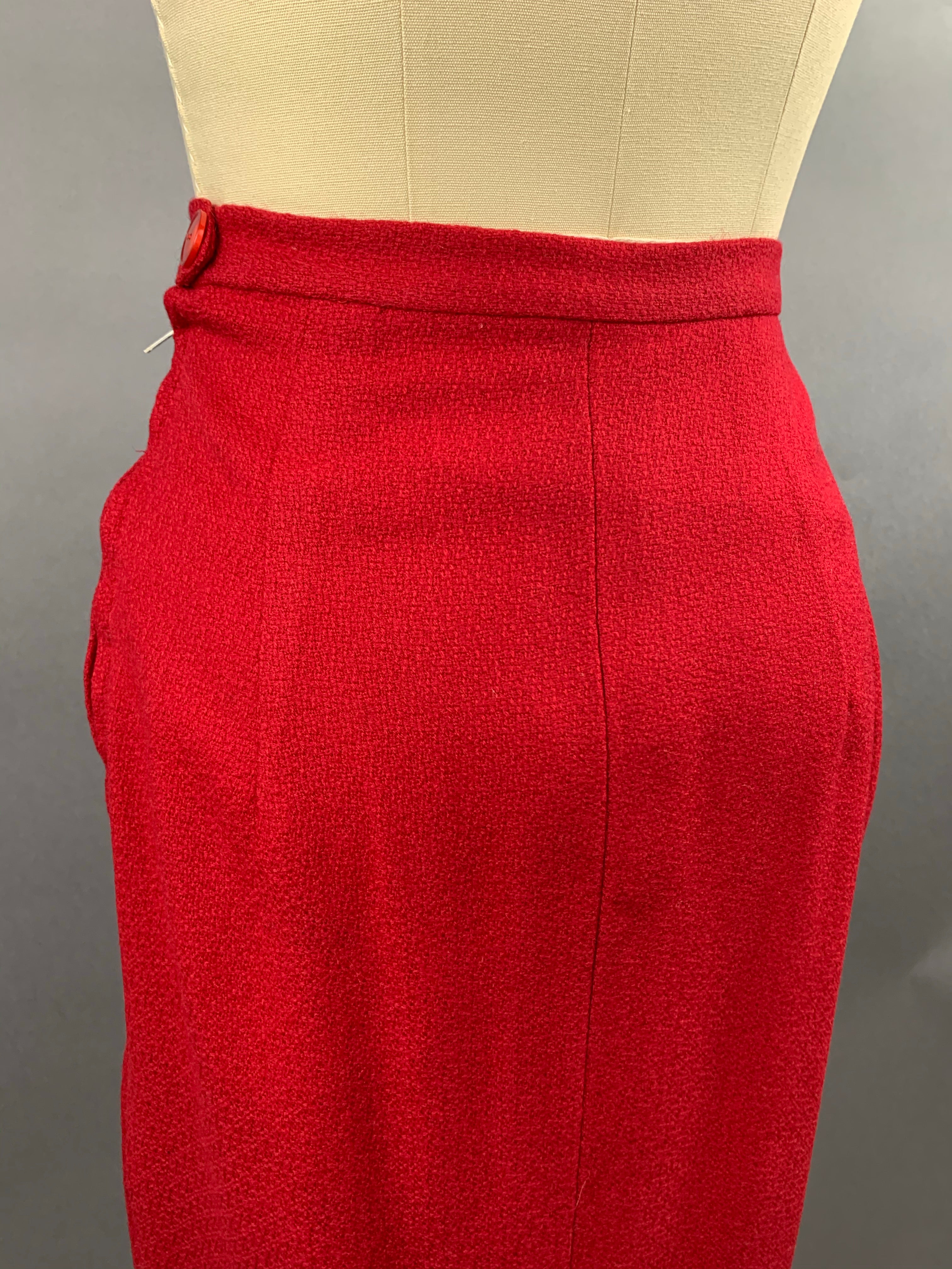 1950s Lilli Ann Red Wool Suit with Black Fox Collar Size S