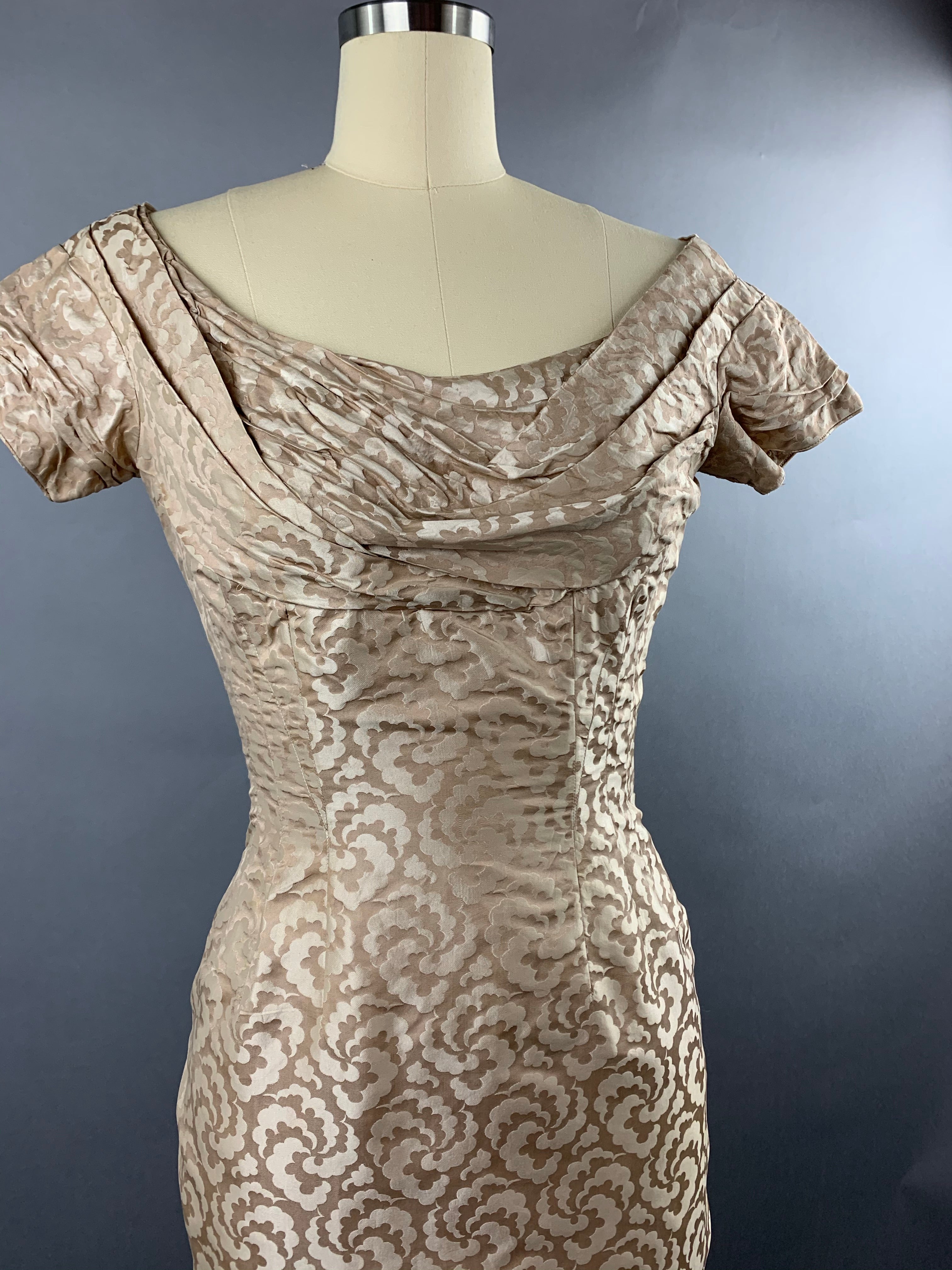 1950s Ceil Chapman beige gold silk-cotton wiggle dress Size S