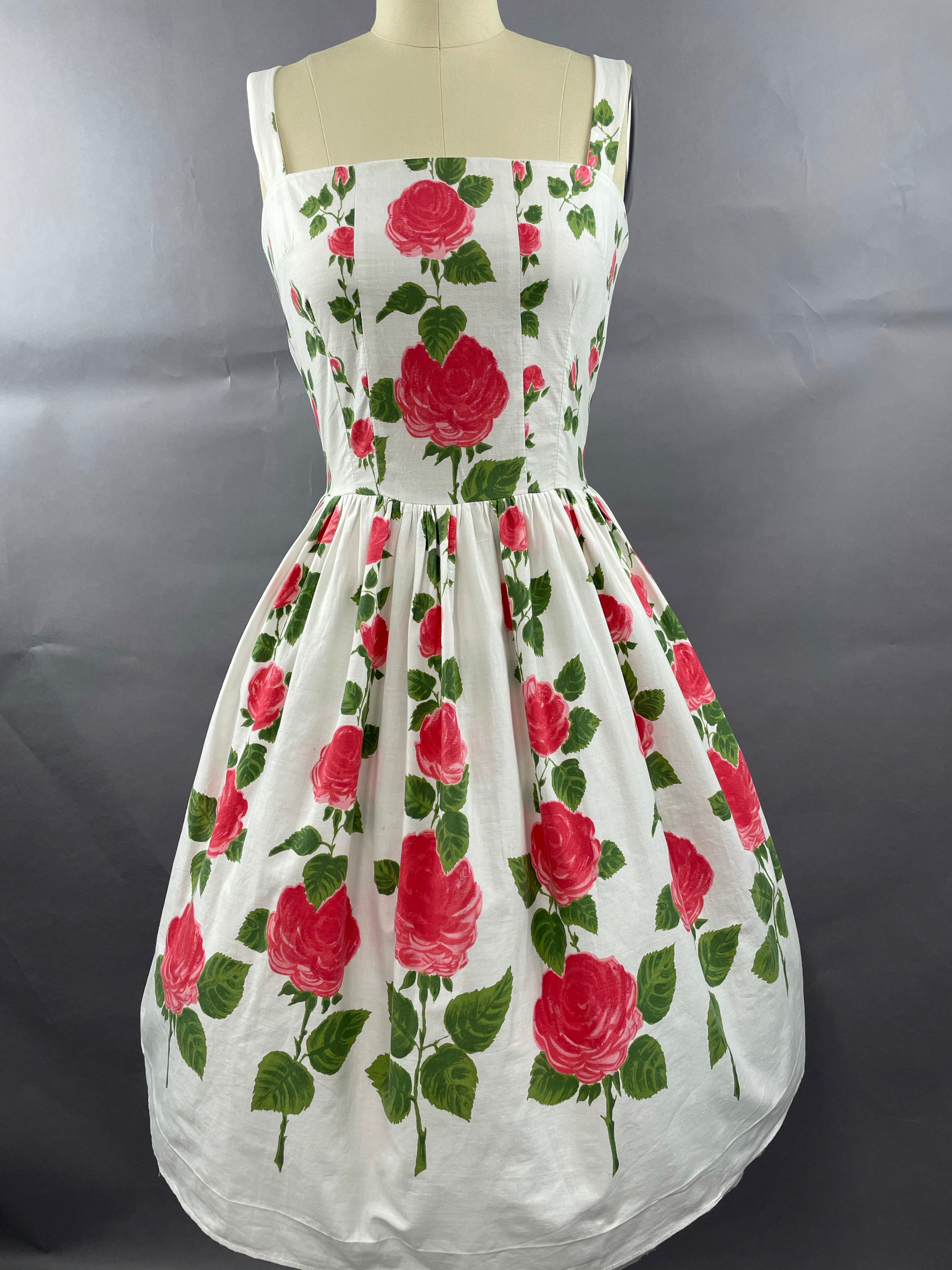 1950s Long Stemmed Rose Print Cotton Sundress Size S