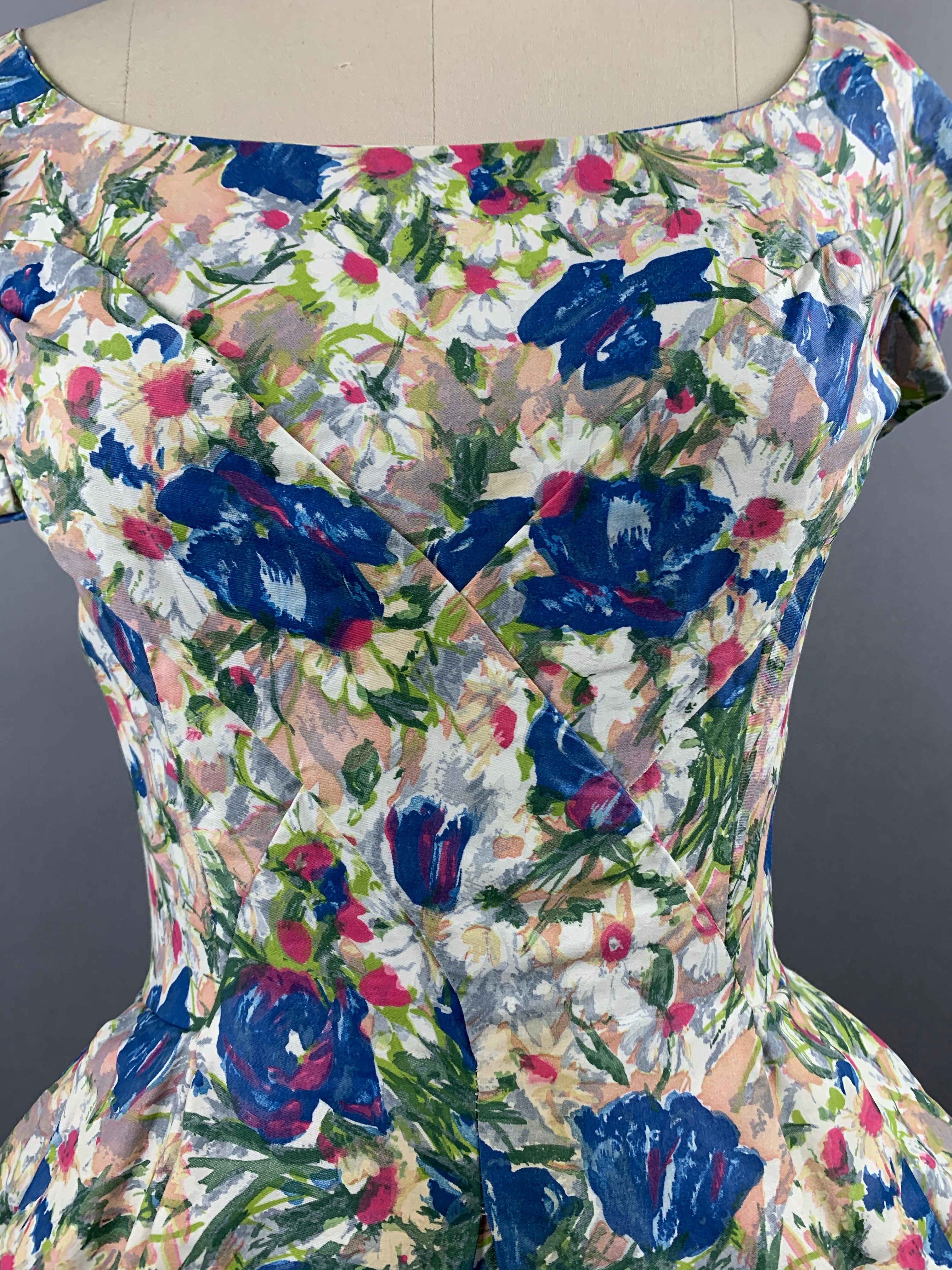 1950s Suzy Perette Blue Floral Polished Cotton Dress Size M