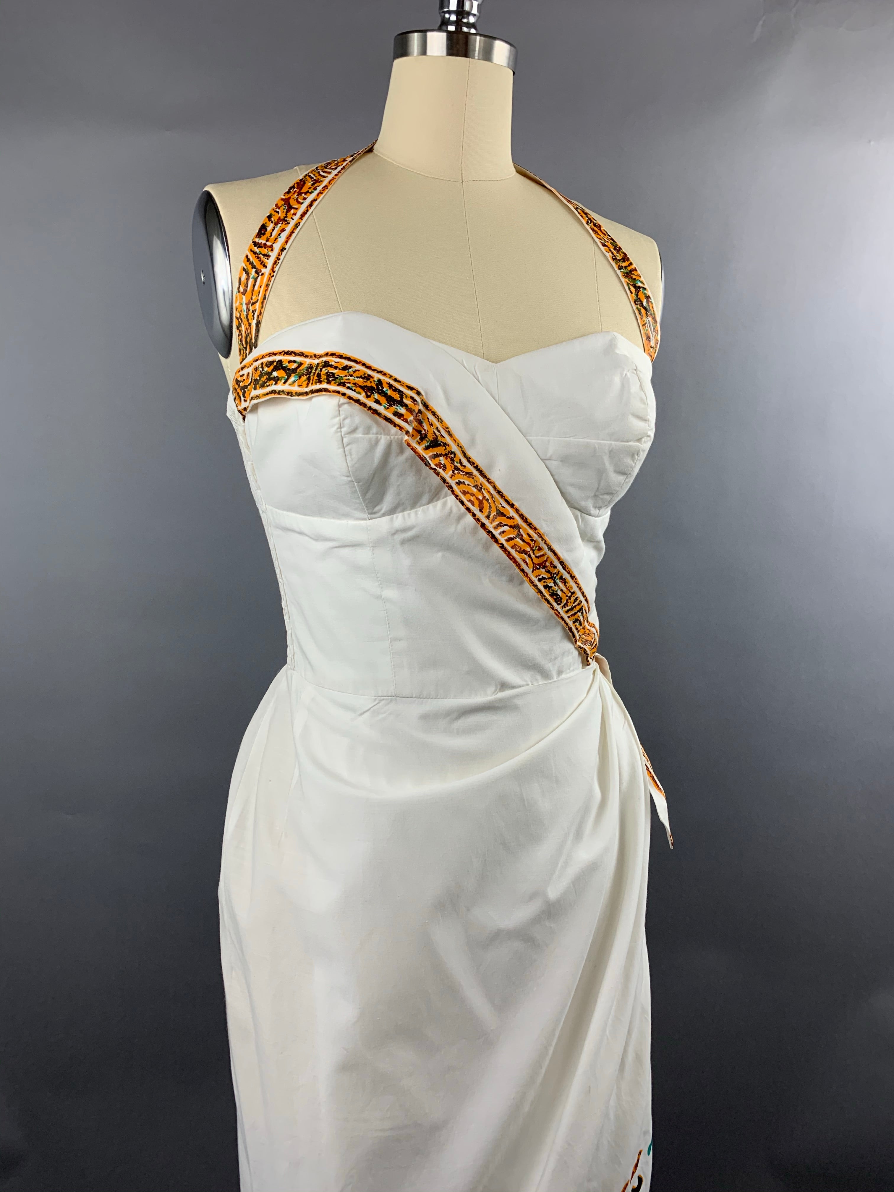 1950s Alfred Shaheen White Tahiti Border Print Sarong Dress Size XS Size S