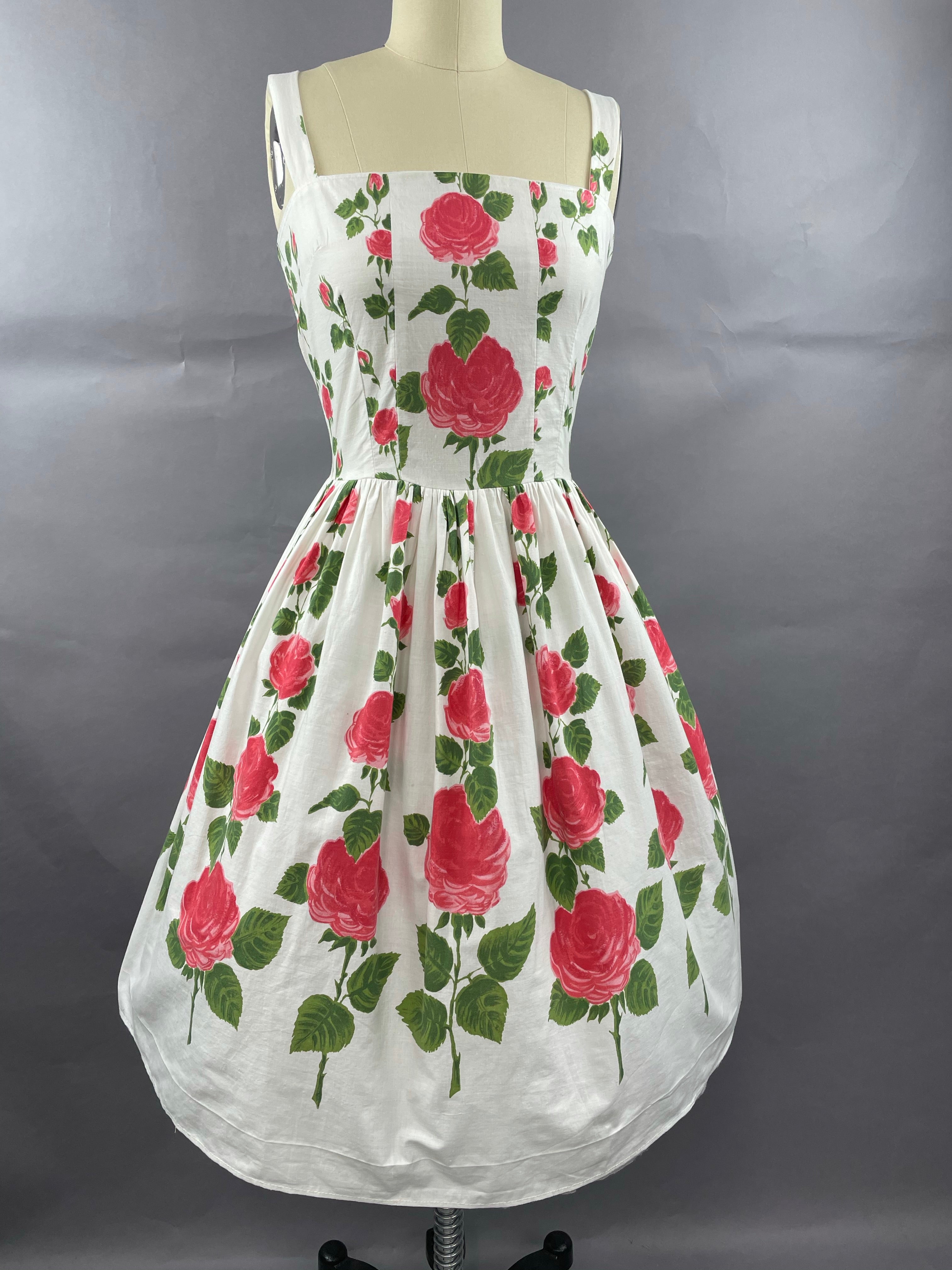 1950s Long Stemmed Rose Print Cotton Sundress Size S