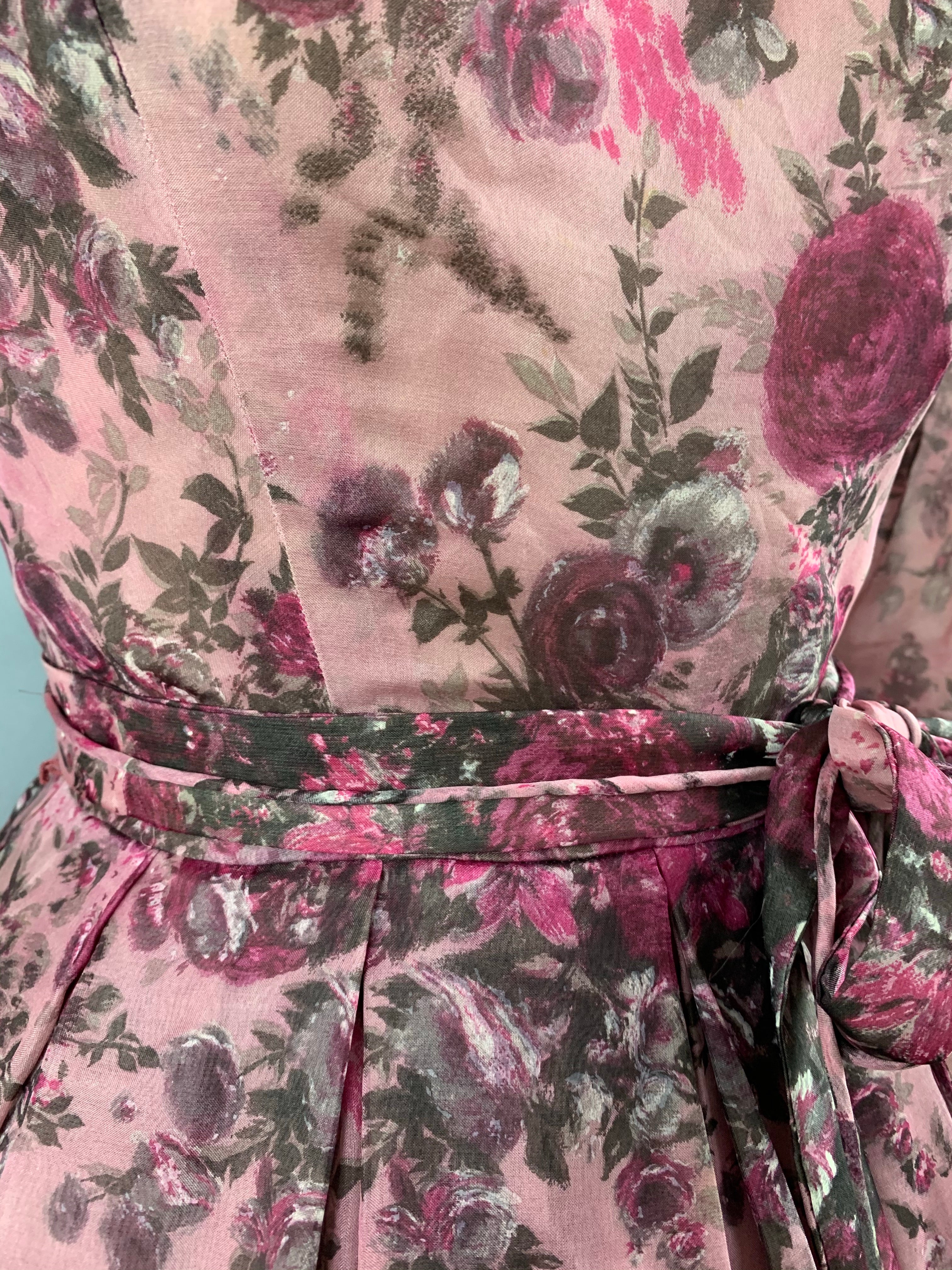 1950s Pink Roses Silk dress by Talmack John Moore New York Size M