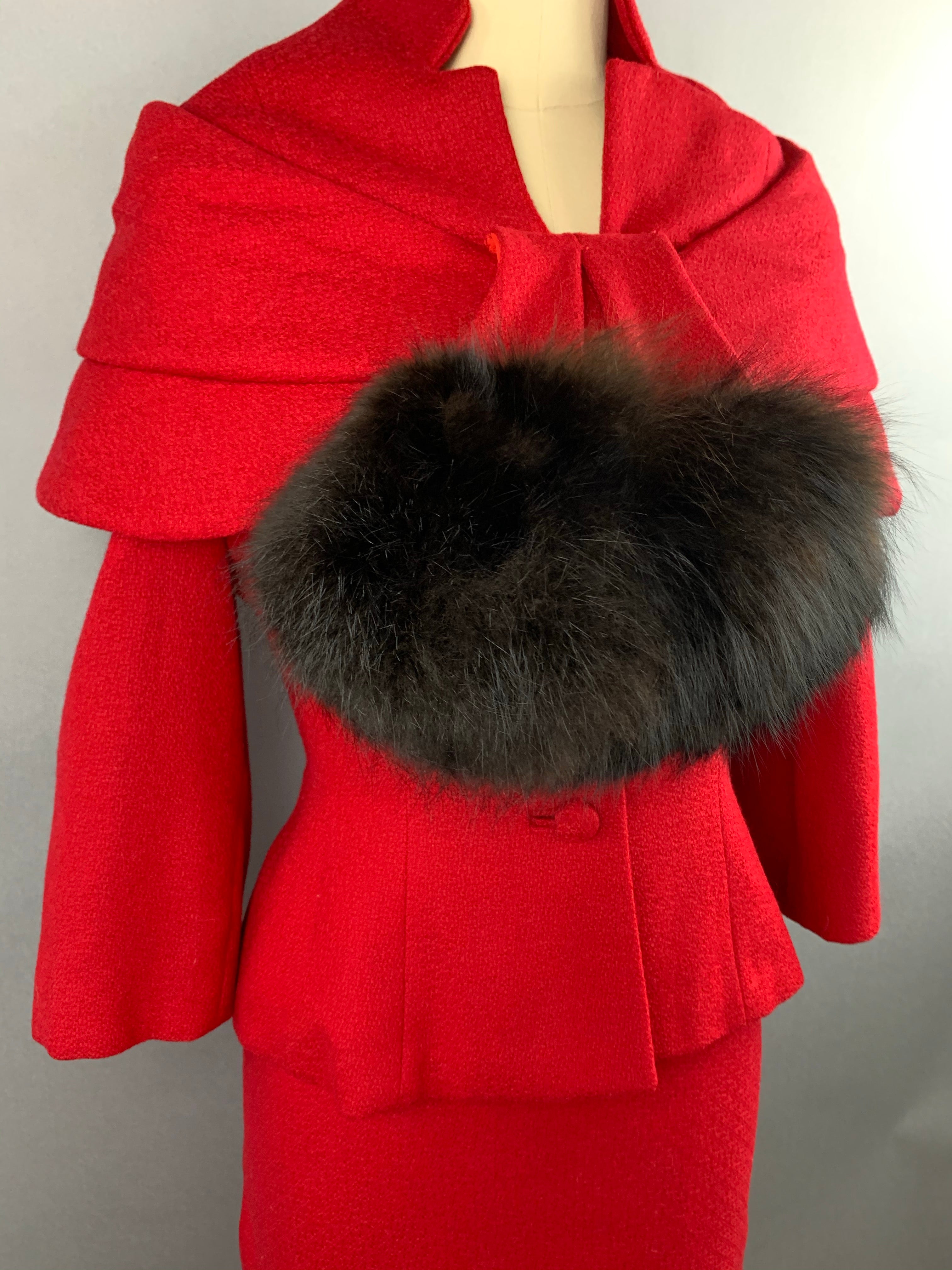 1950s Lilli Ann Red Wool Suit with Black Fox Collar Size S