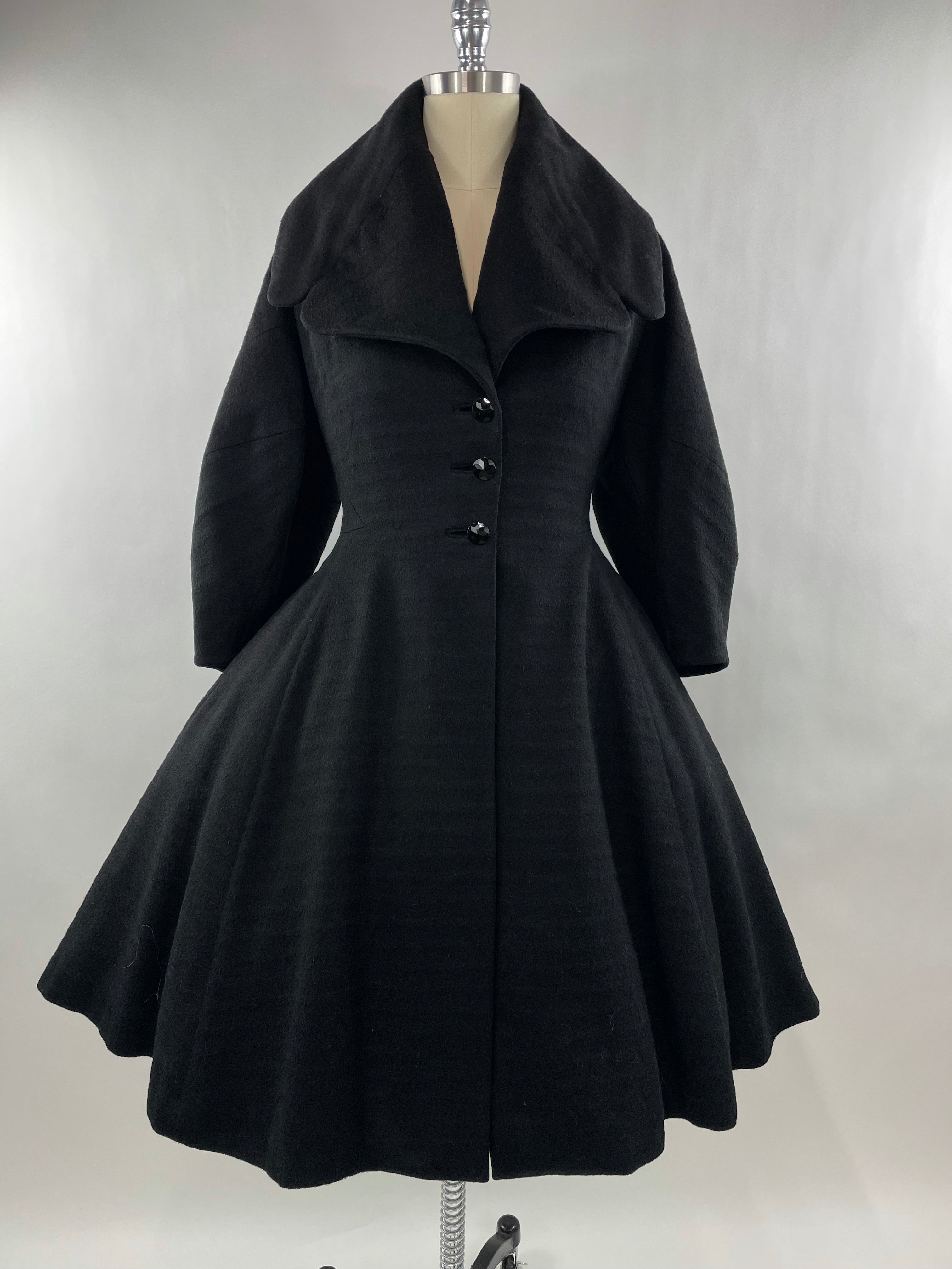 1950s Black Wool Lilli Ann Princess Coat with Exaggerated Collar and Sleeves Size L
