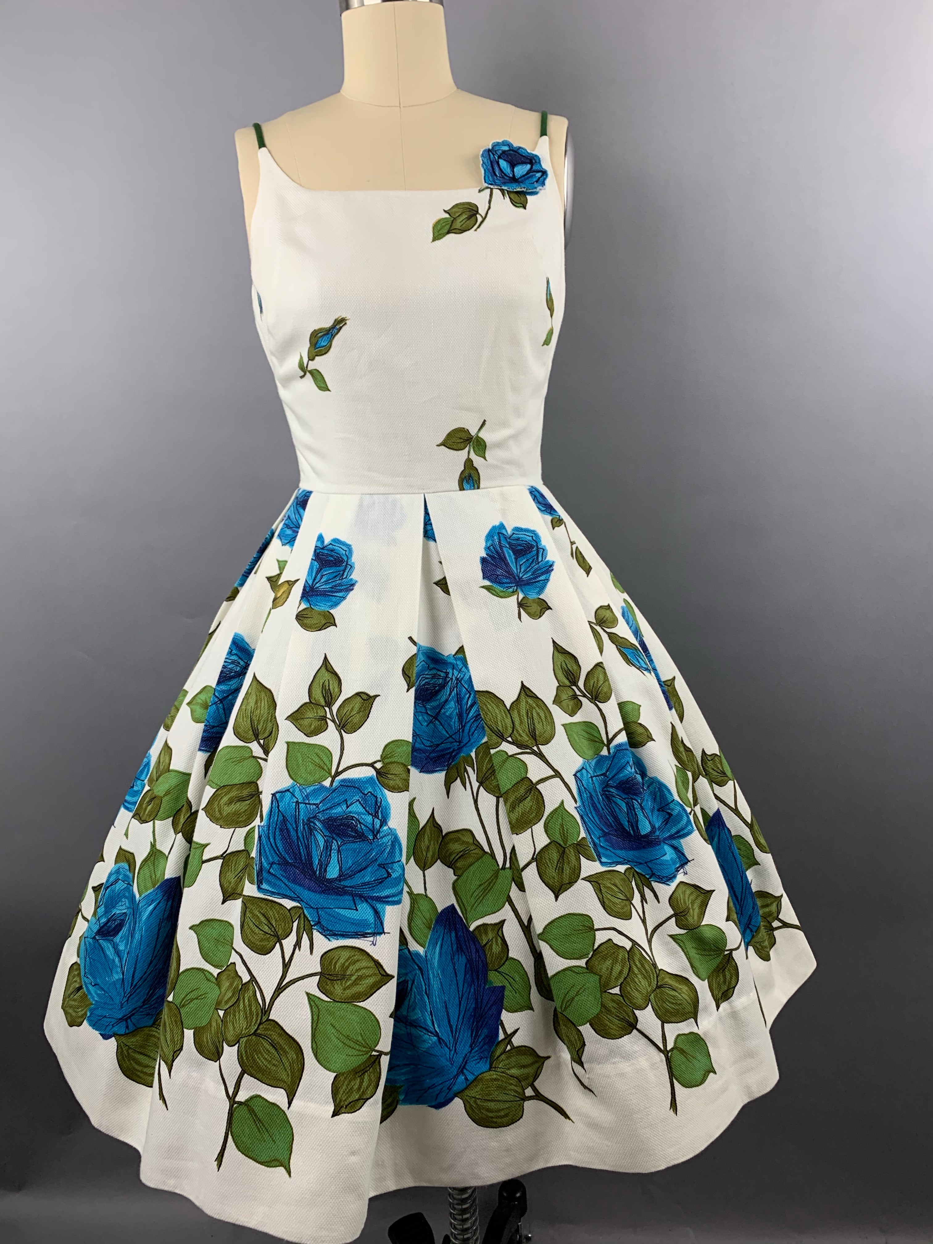 1950s “Co Jr” Blue Roses Fruit of the Loom Border Print Cotton Pique Dress Size XS