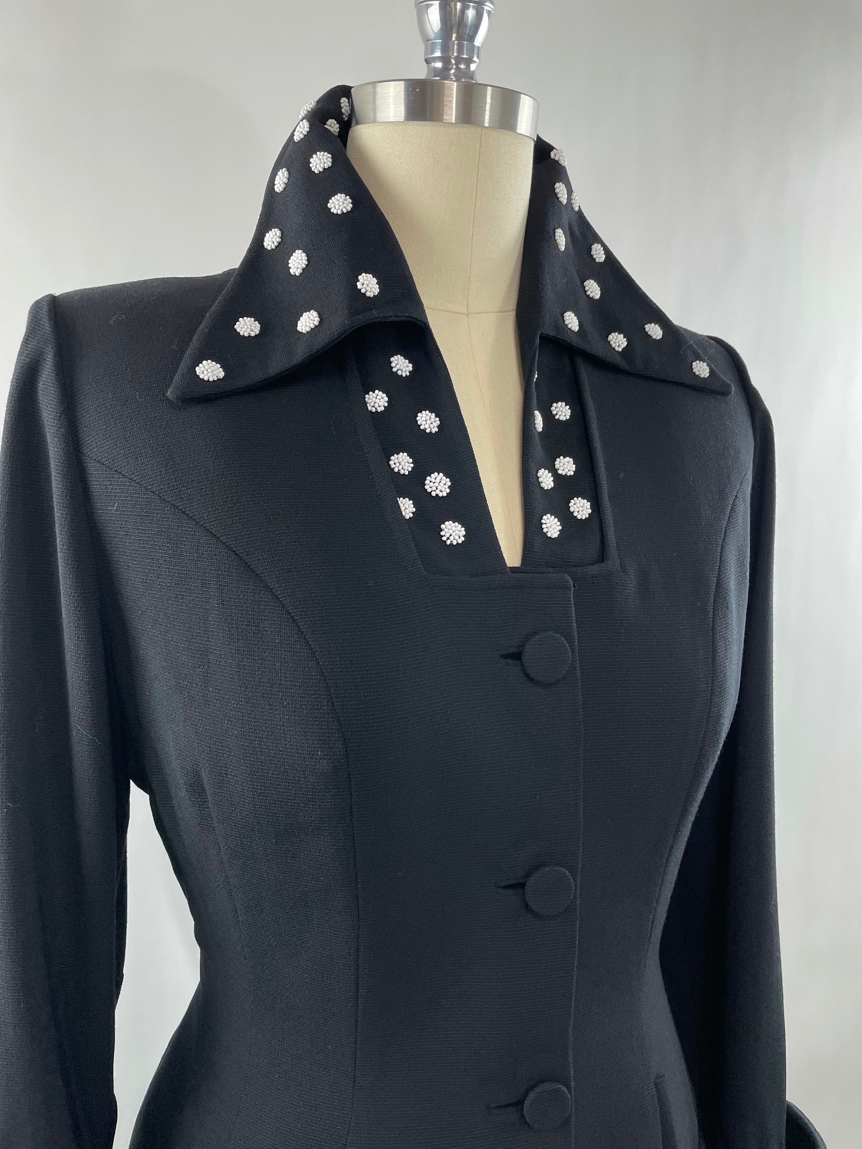 1950s Black Lilli Ann Skirt Suit with White Beading Size XL