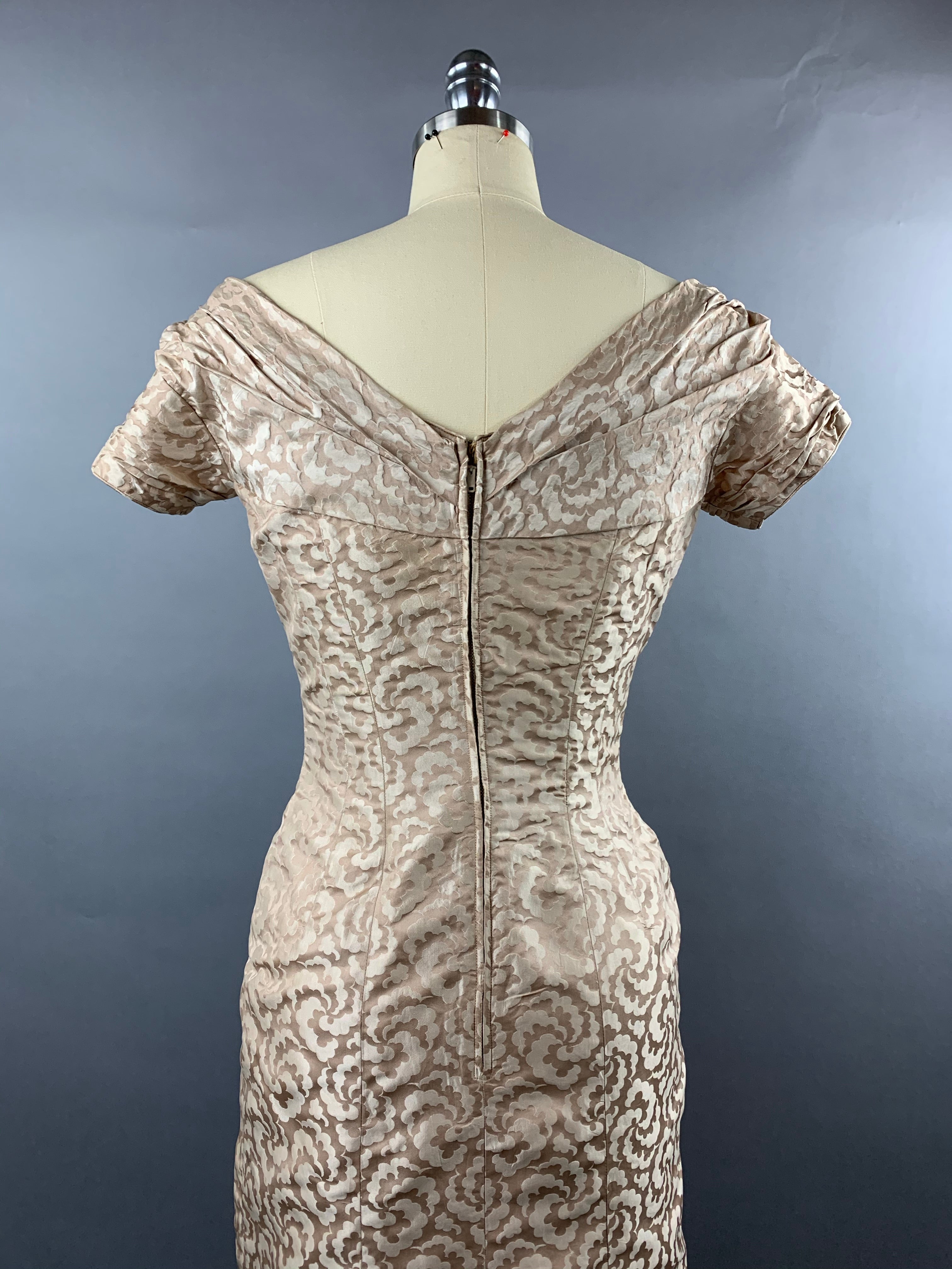 1950s Ceil Chapman beige gold silk-cotton wiggle dress Size S