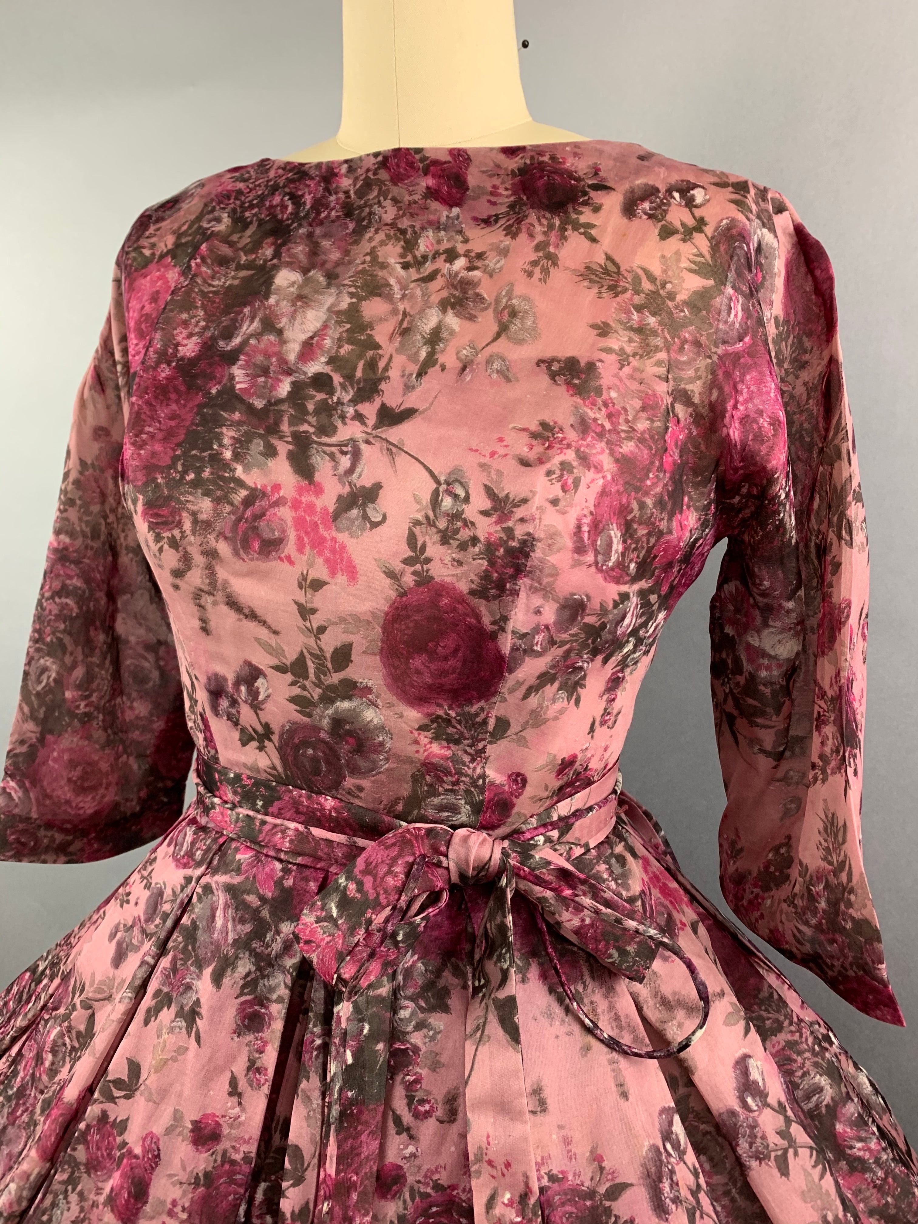 1950s Pink Roses Silk dress by Talmack John Moore New York Size M