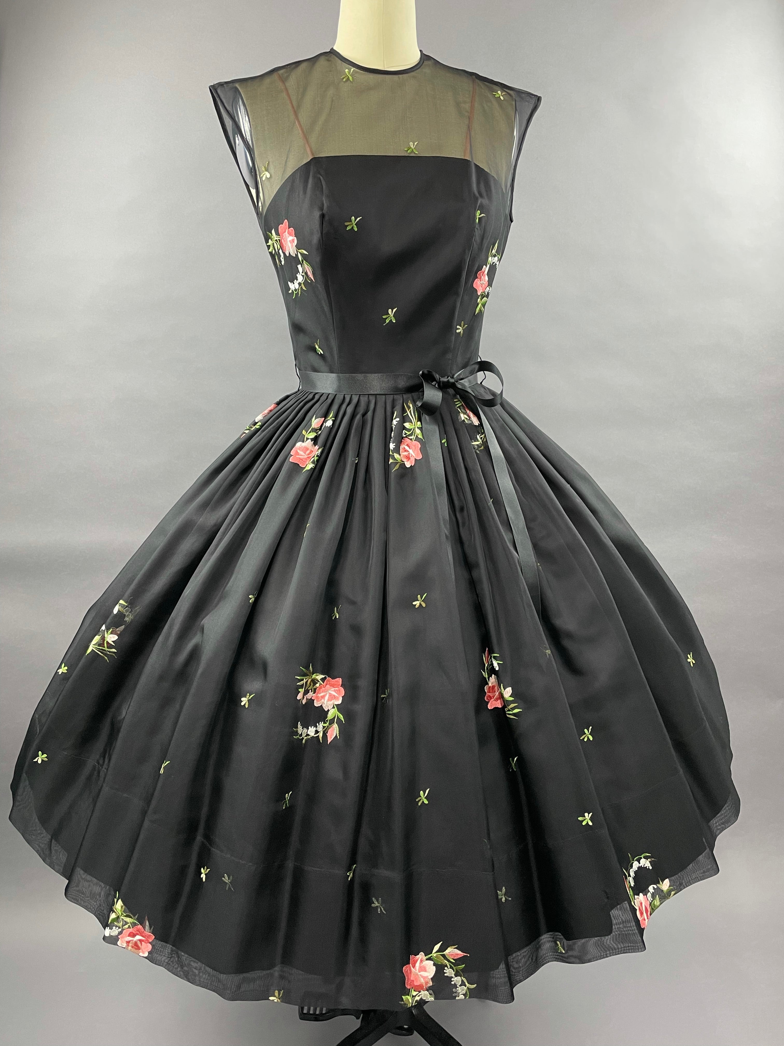 1950s Black Embroidered Suzy Perette Party Dress Size S