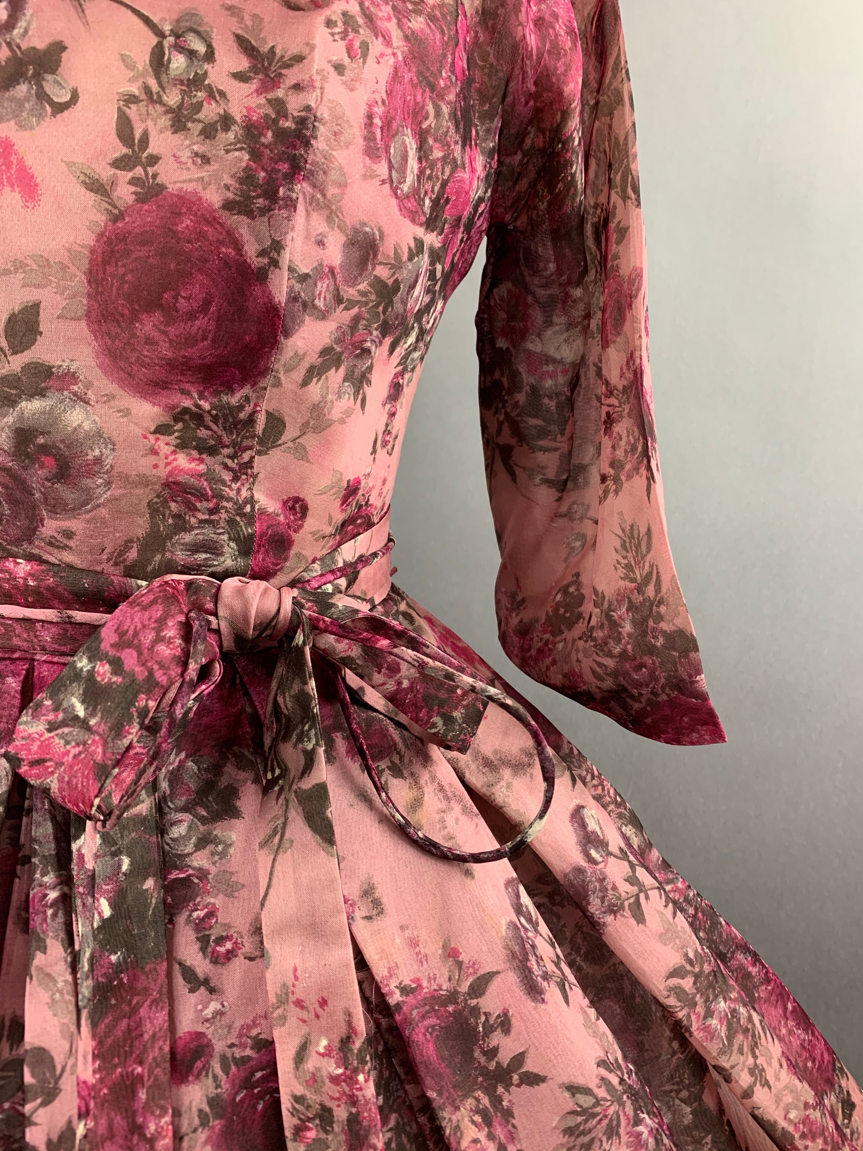 1950s Pink Roses Silk dress by Talmack John Moore New York Size M