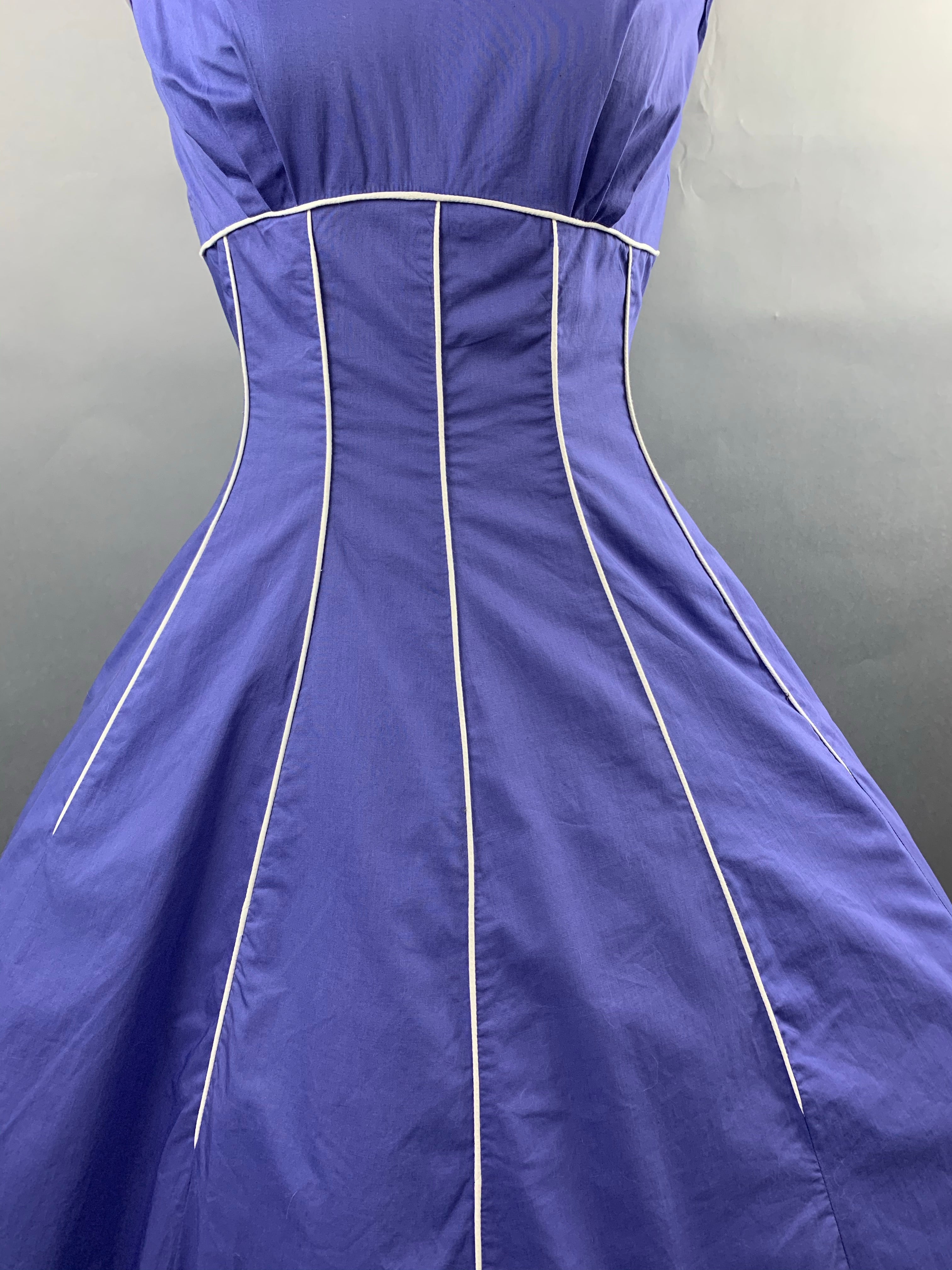 1950s Indigo Violet Blue Cotton Dress with White Piping Size S