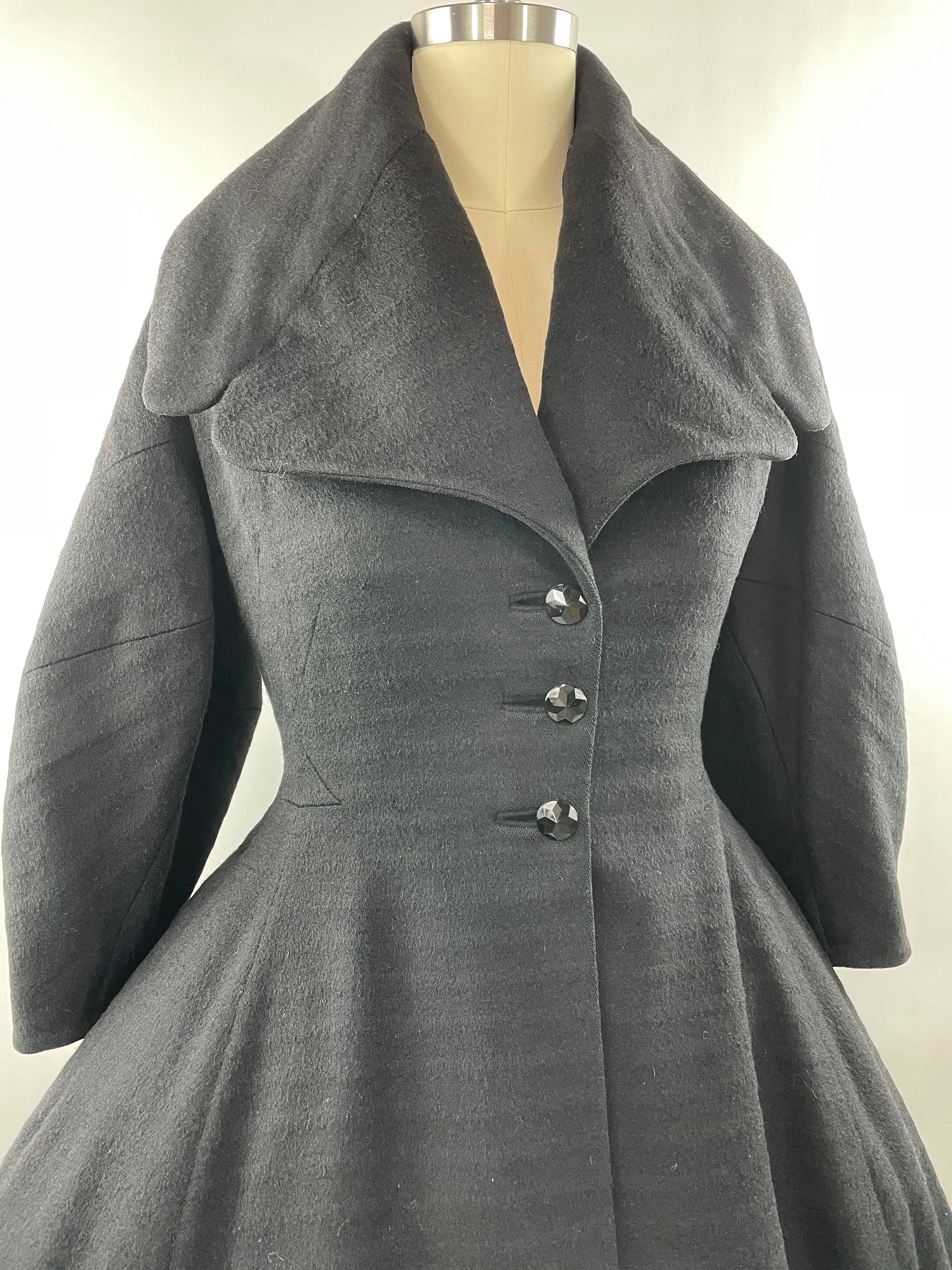 1950s Black Wool Lilli Ann Princess Coat with Exaggerated Collar and Sleeves Size L