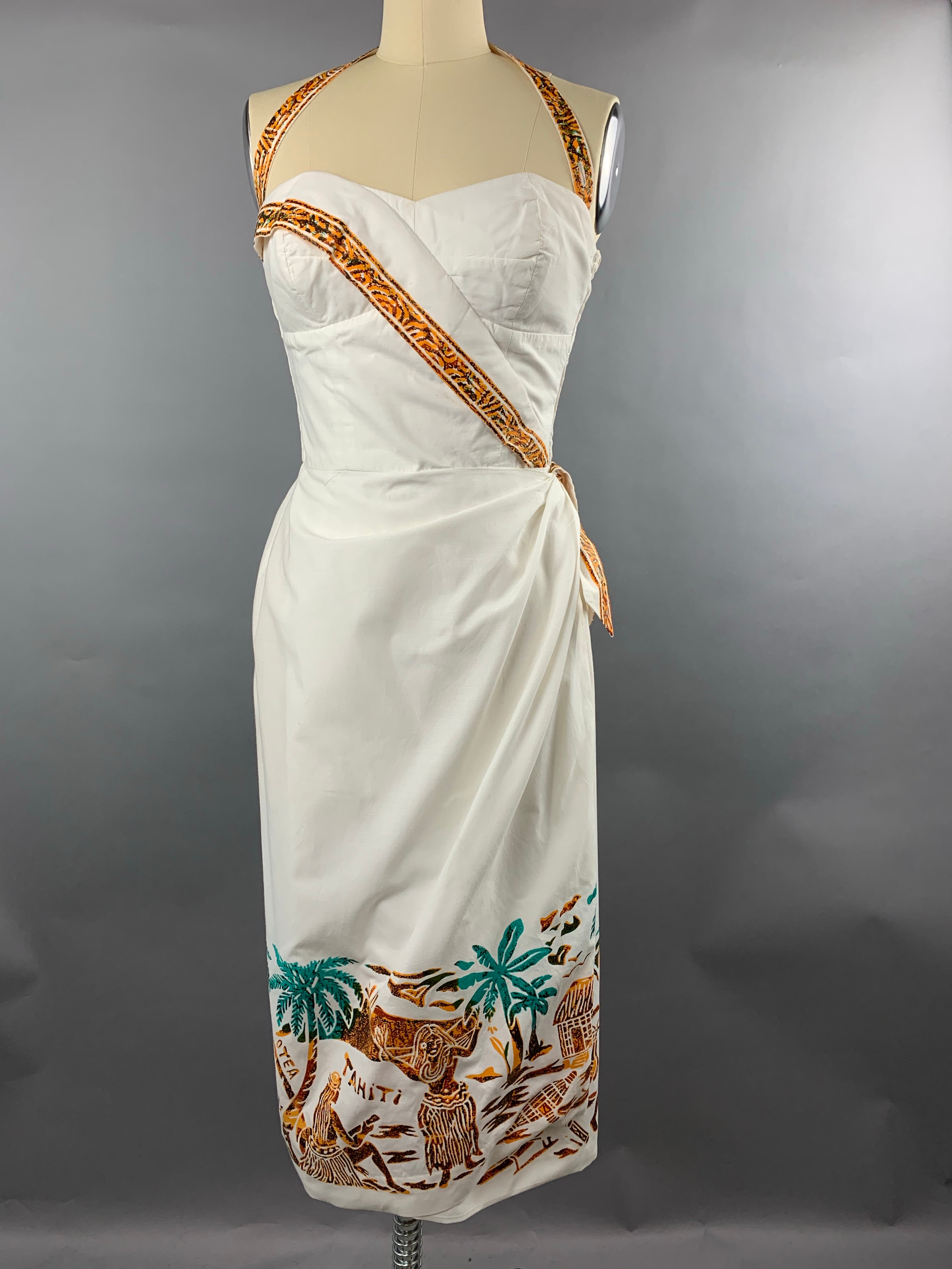 1950s Alfred Shaheen White Tahiti Border Print Sarong Dress Size XS Size S