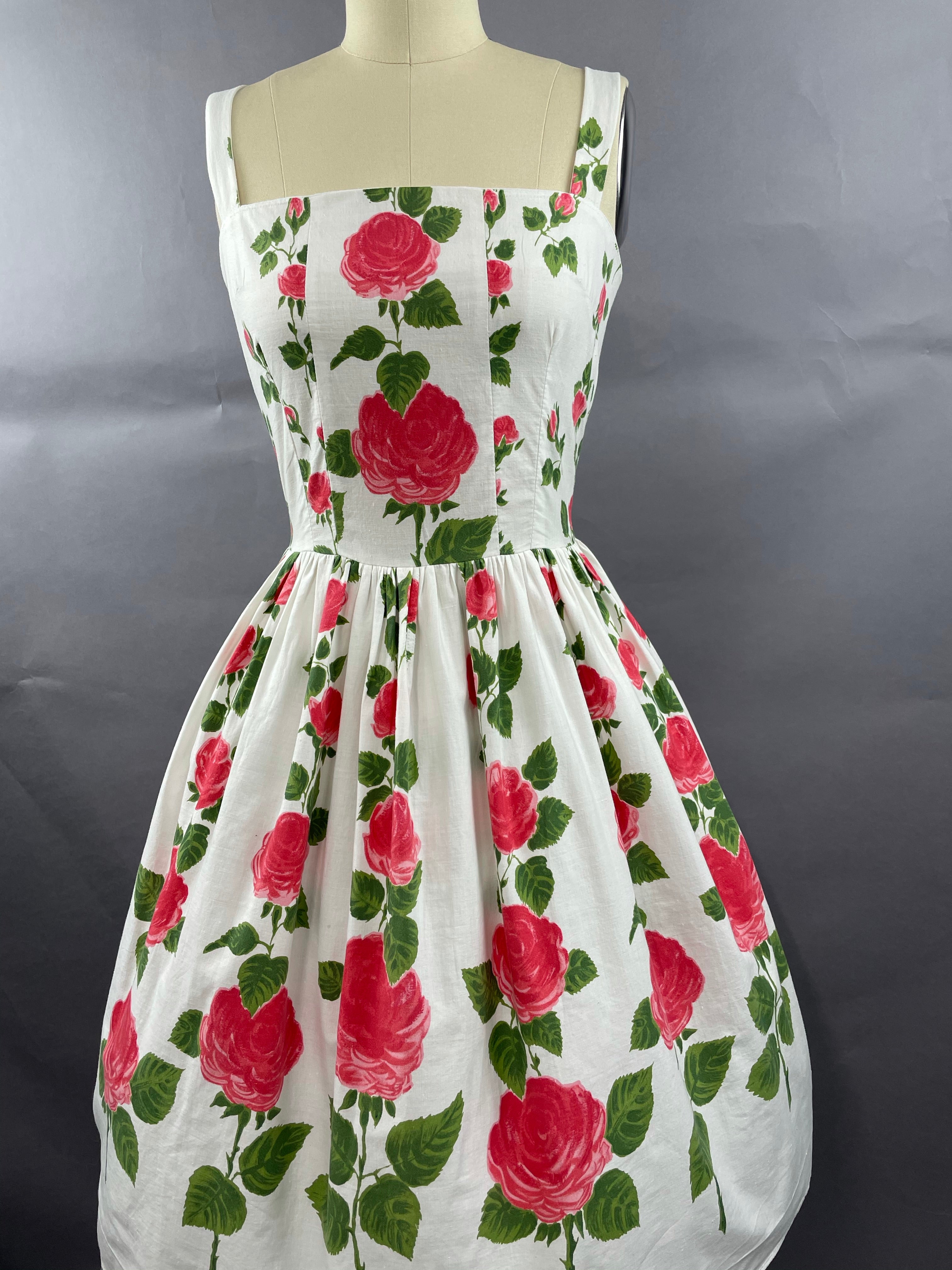 1950s Long Stemmed Rose Print Cotton Sundress Size S