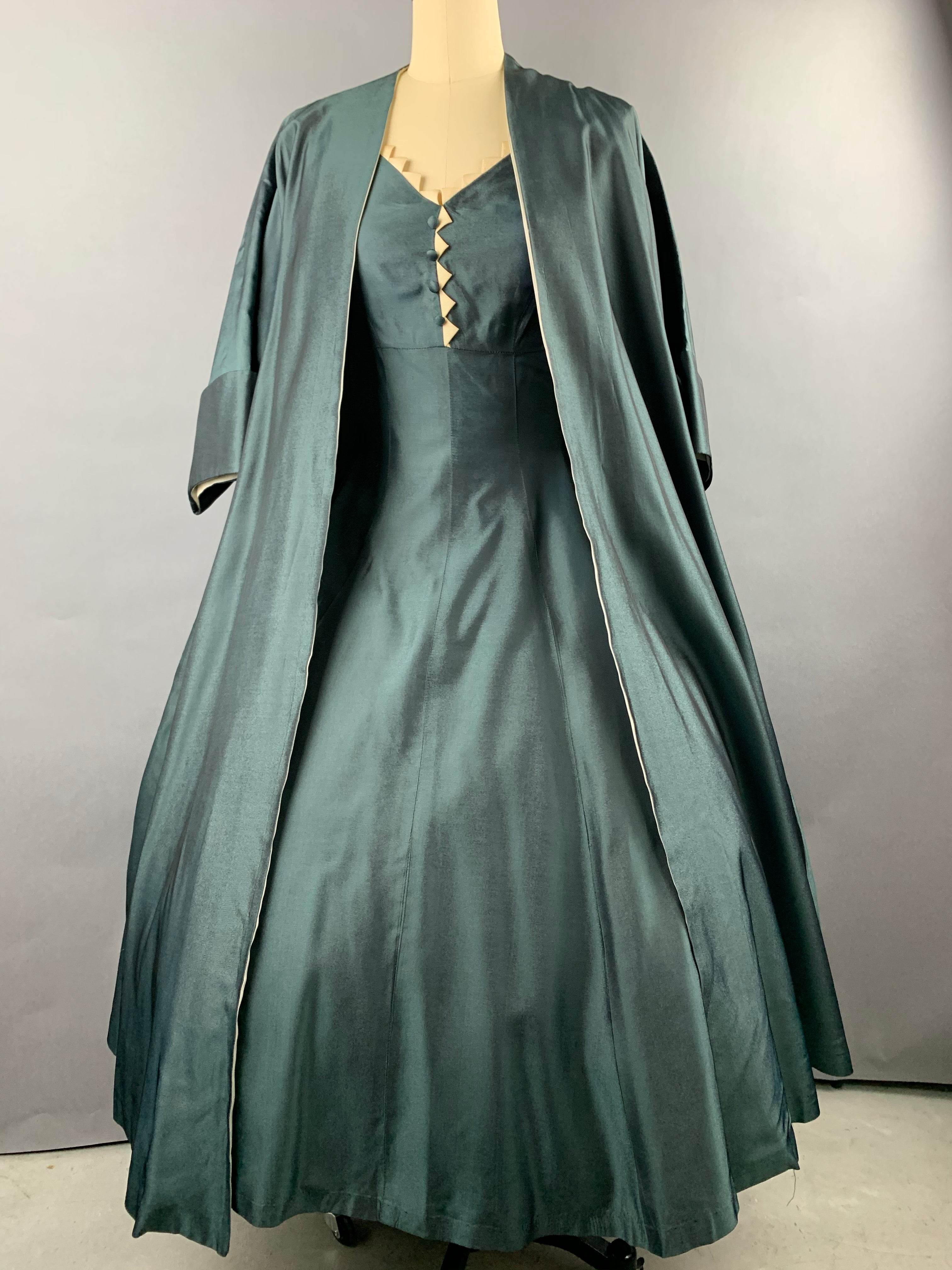 1950s Sophisticated Miss Green Party Dress and Coat Set Size M