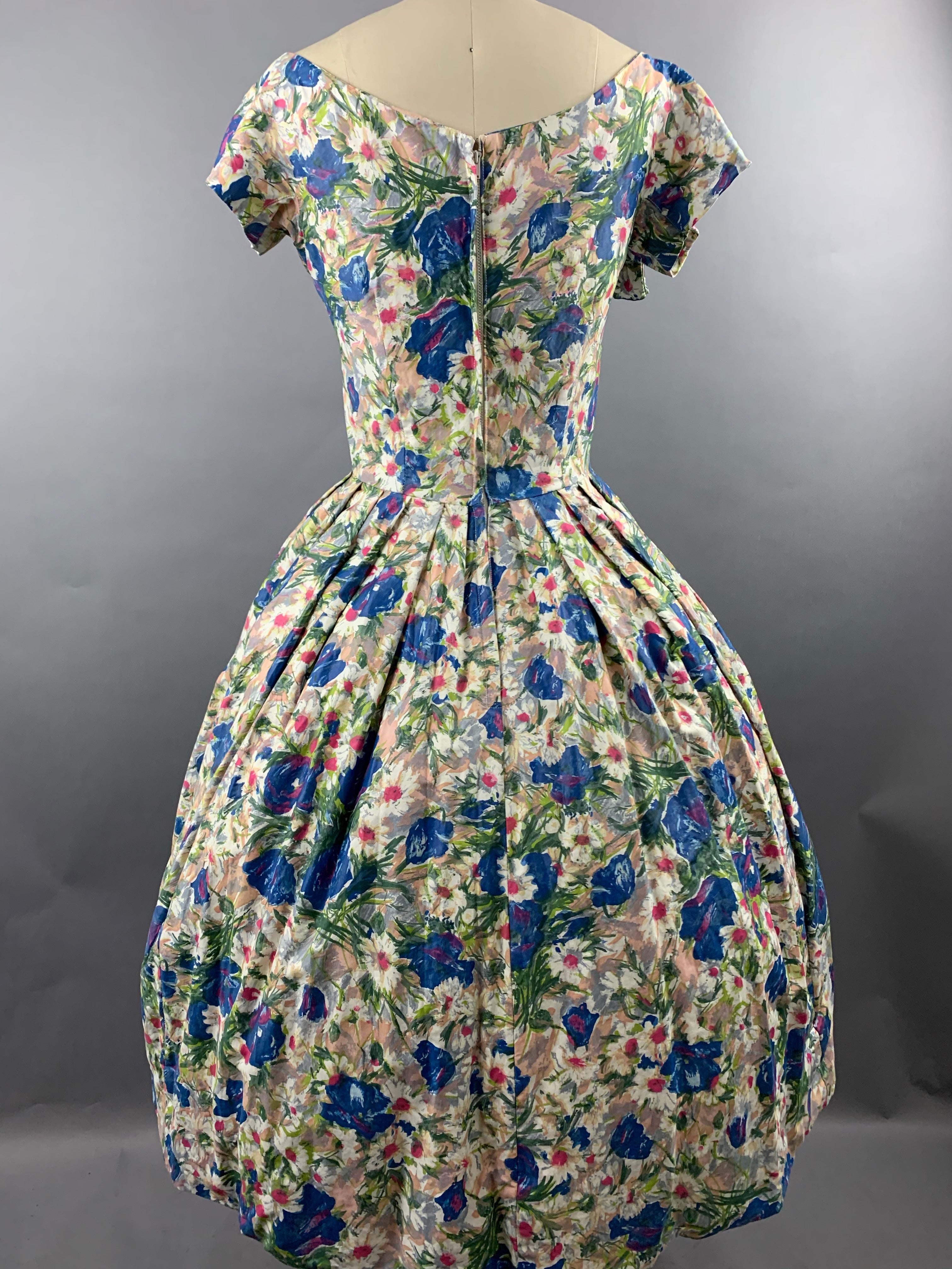 1950s Suzy Perette Blue Floral Polished Cotton Dress Size M