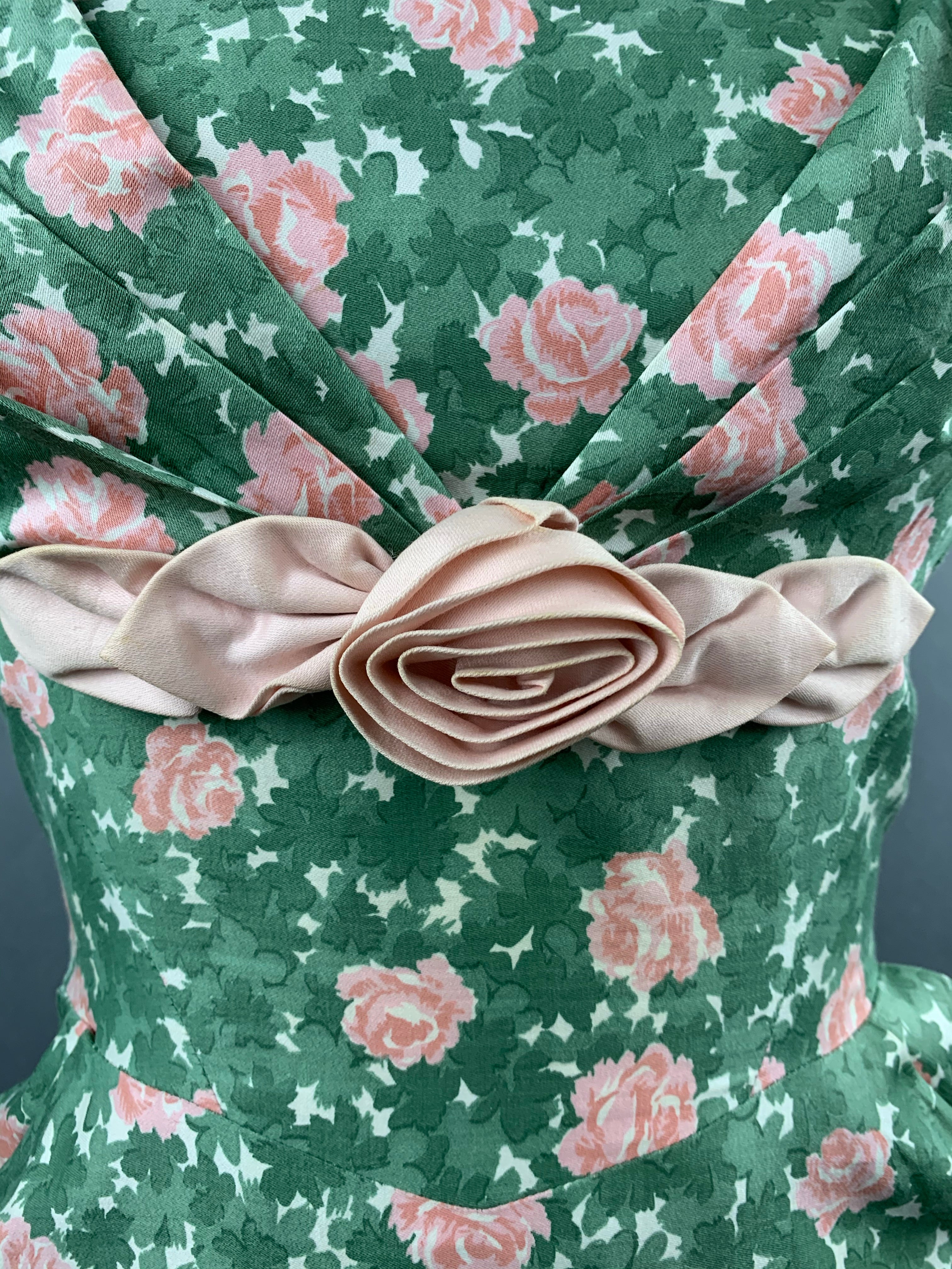 1950s Jeanette Alexander Green Cotton with Pink Roses Dress Size S