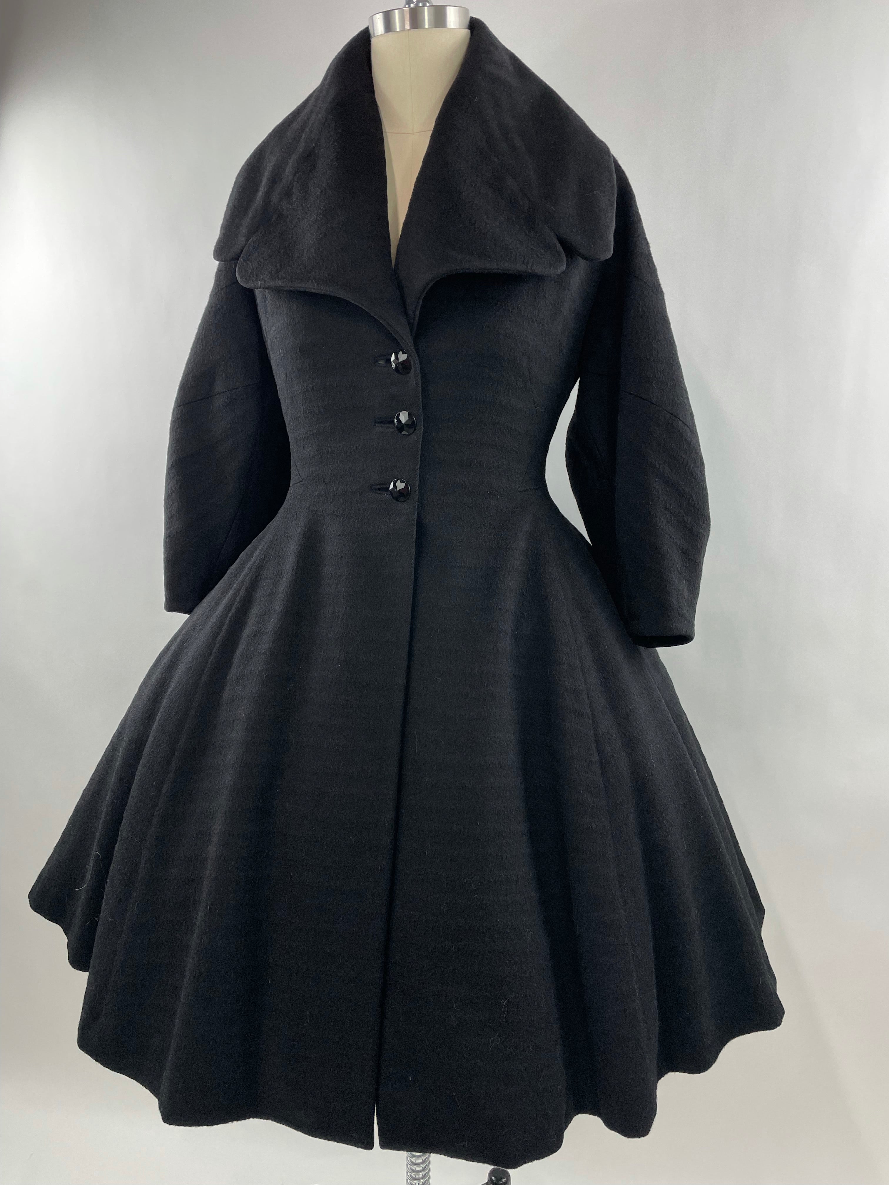 1950s Black Wool Lilli Ann Princess Coat with Exaggerated Collar and Sleeves Size L