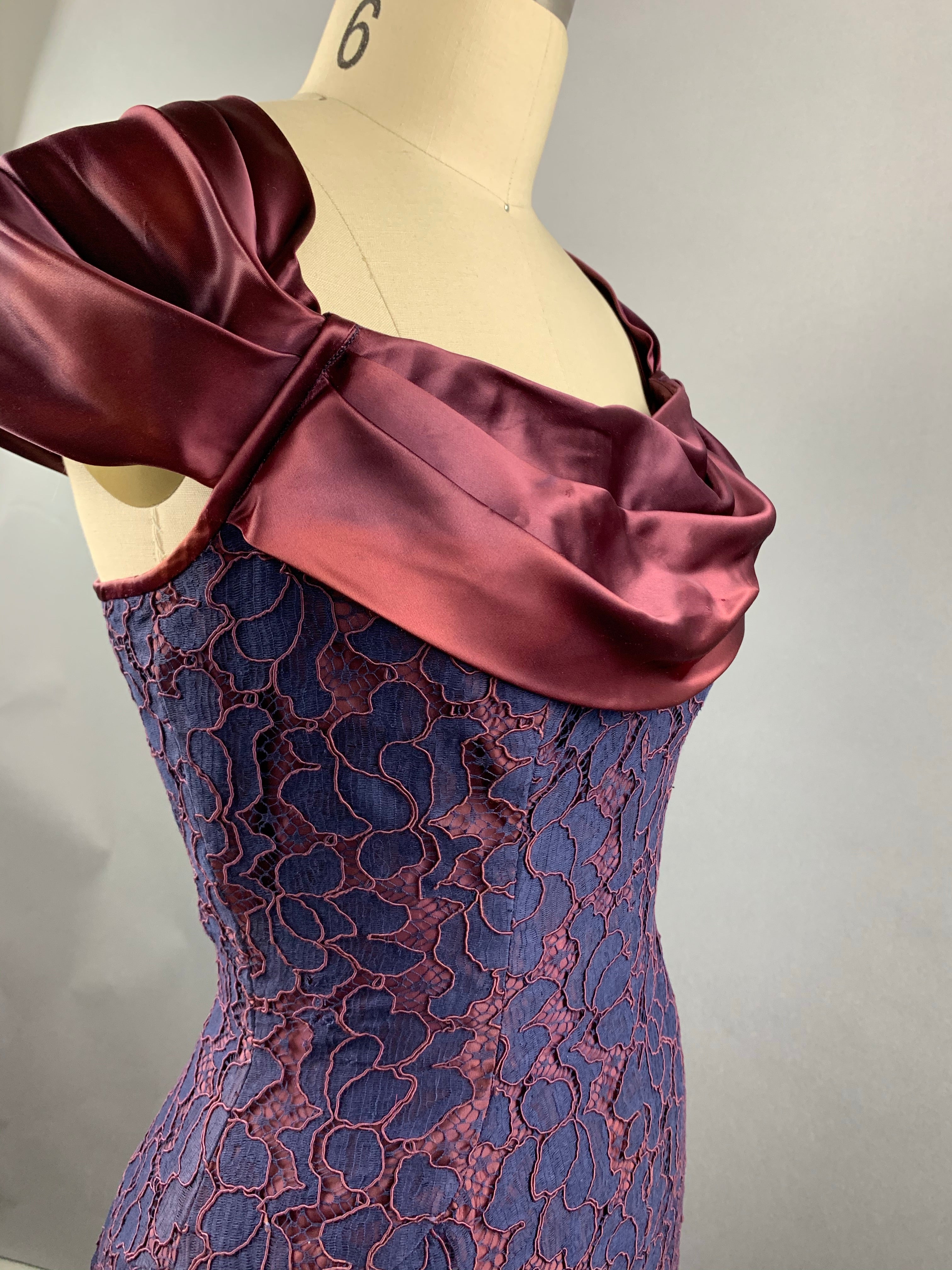 1950s Navy and Burgundy Lace and Satin Party Dress Size M