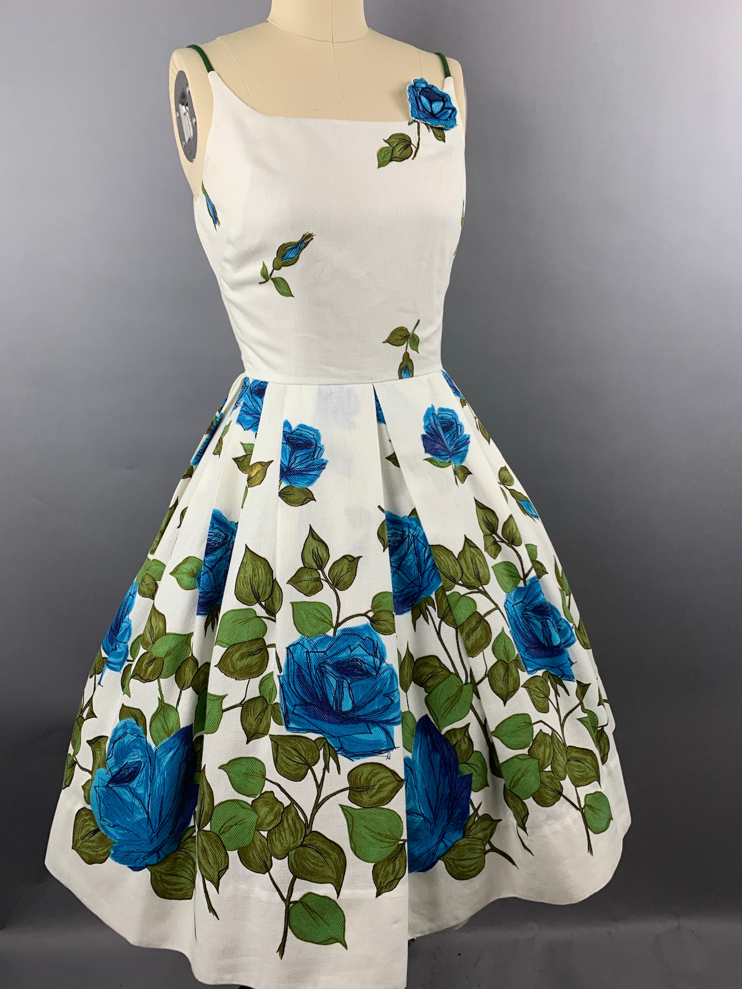 1950s “Co Jr” Blue Roses Fruit of the Loom Border Print Cotton Pique Dress Size XS