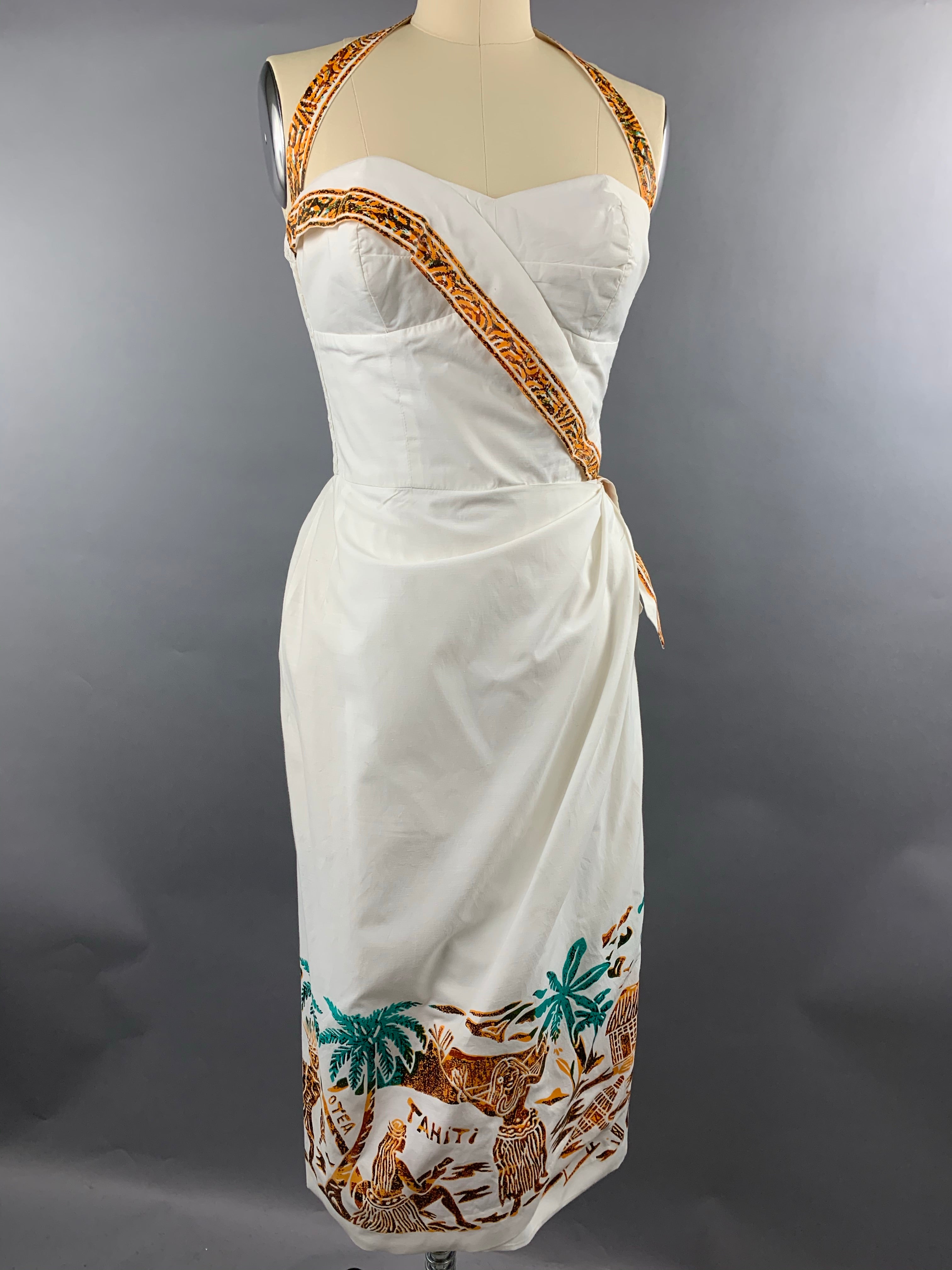 1950s Alfred Shaheen White Tahiti Border Print Sarong Dress Size XS Size S